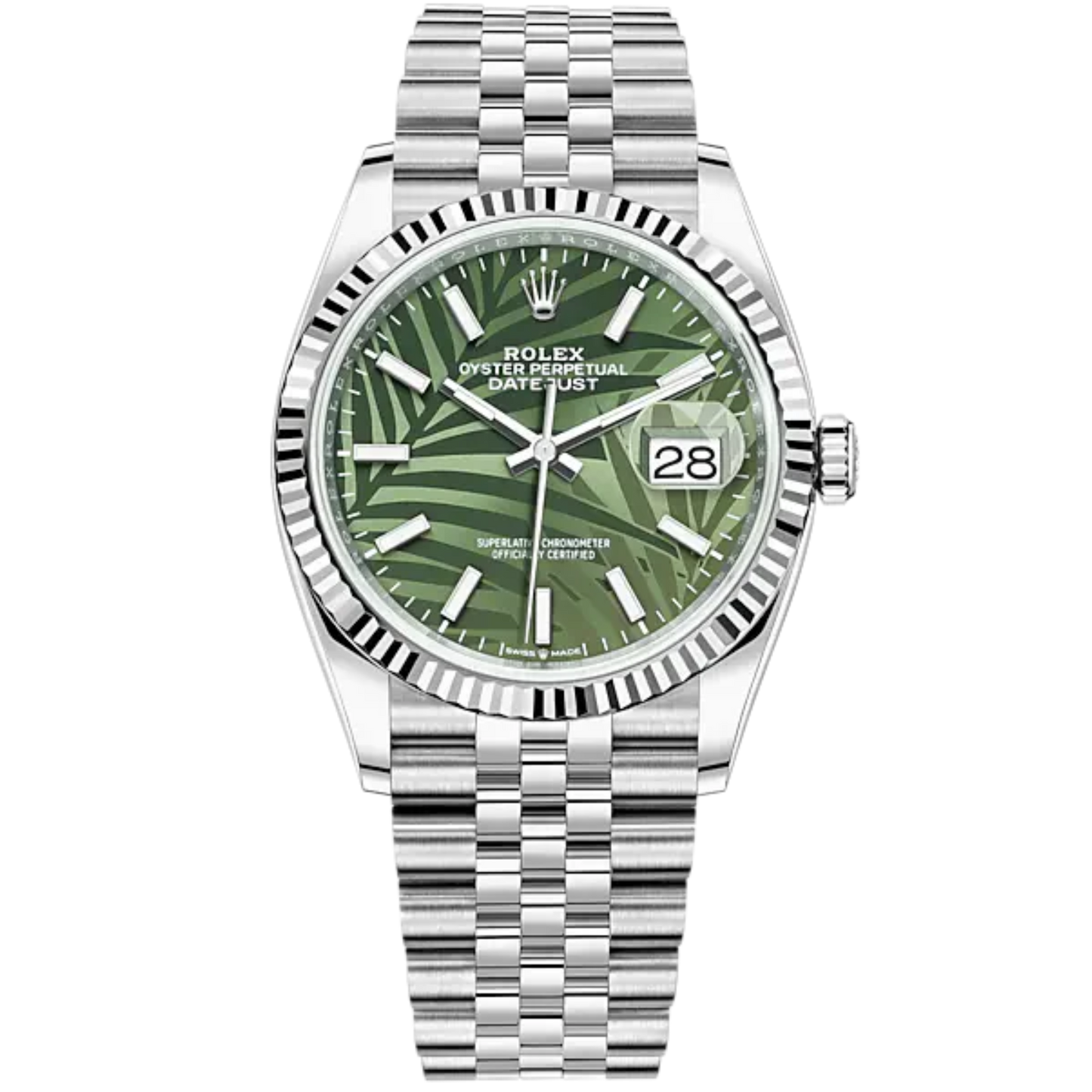 Rolex Datejust Ref. 126234 36mm Jubilee Bracelet and White Gold with Olive-Green Palm-Motif Stick Dial Fluted Bezel