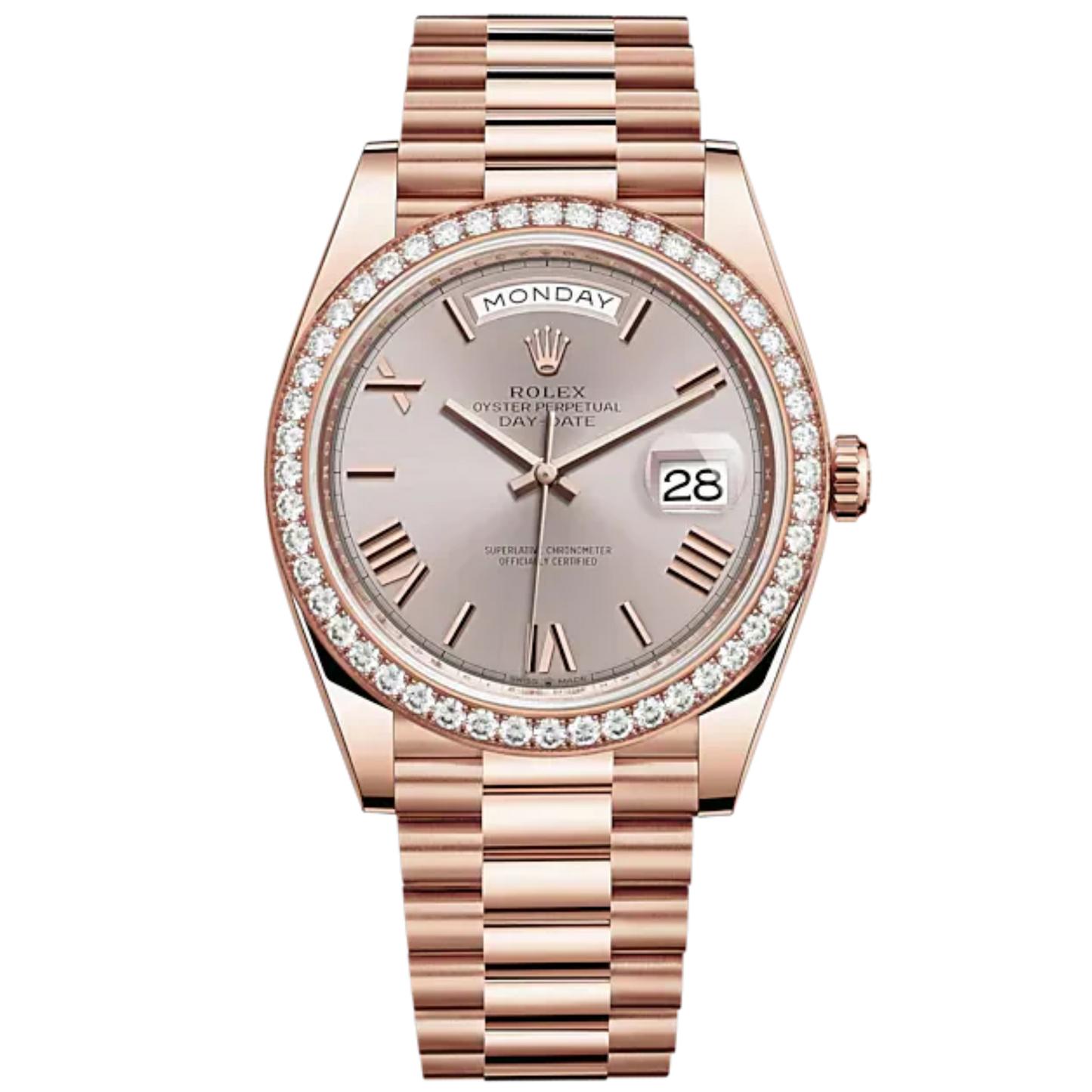 Day-Date 40 40mm President Bracelet and 18 KT Everose Gold with Sundust Dial and Diamond-Set Bezel