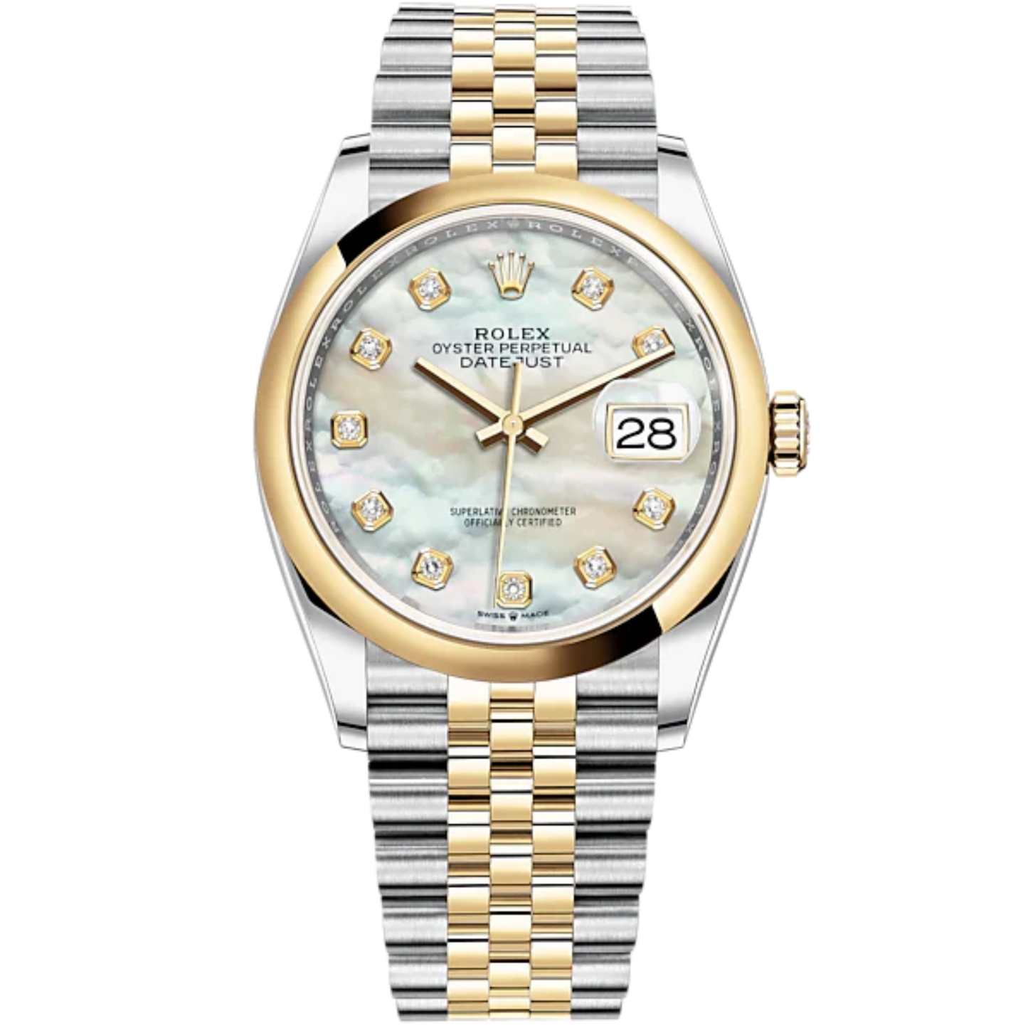 Datejust 36 36mm Oystersteel Jubilee Bracelet and Yellow Gold with White Mother-of-Pearl Diamond-Set Dial Domed Bezel