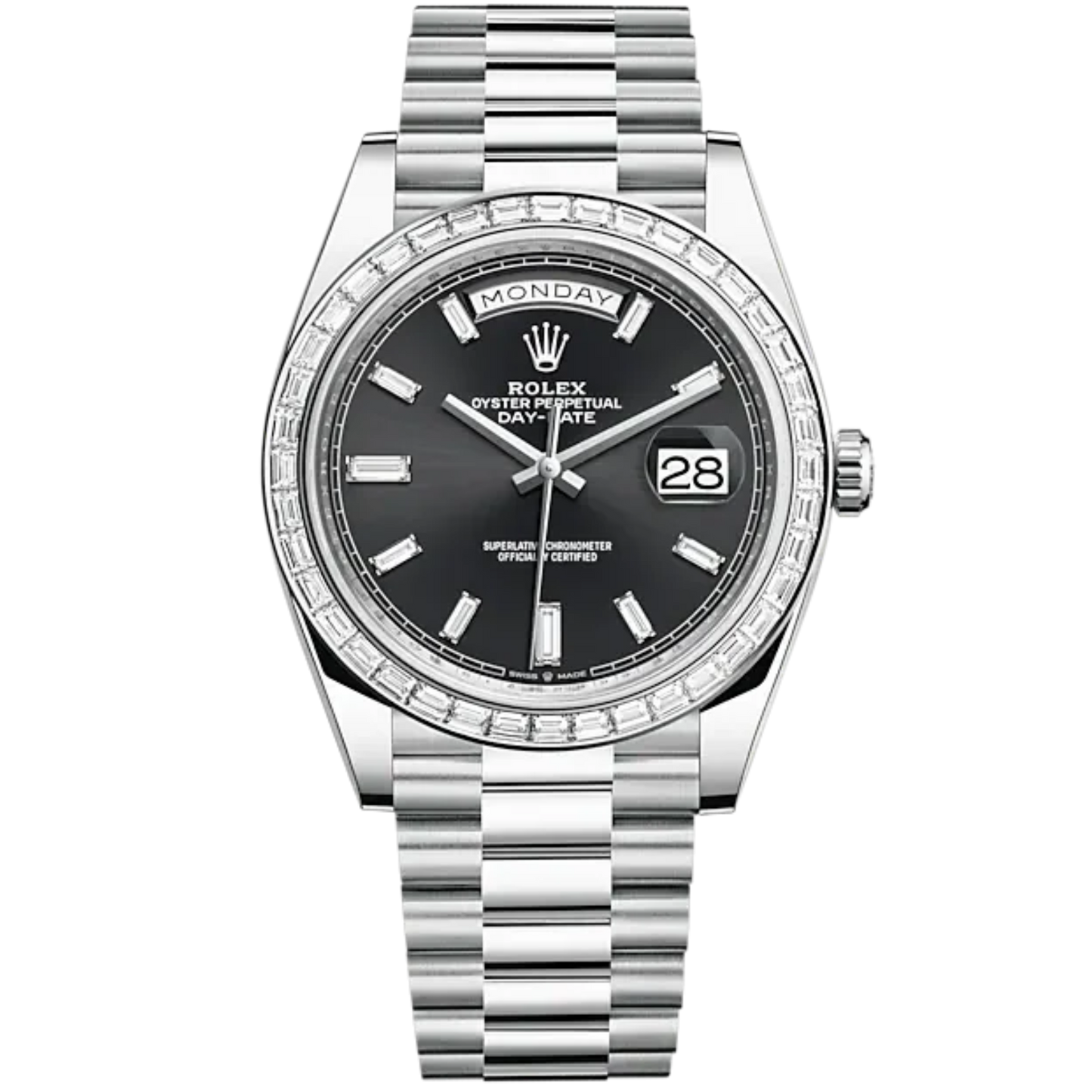 Day-Date 40 40mm Oyster President Bracelet and Platinum with Bright Black Dial Diamond-Set Dial and Diamond-Set Bezel