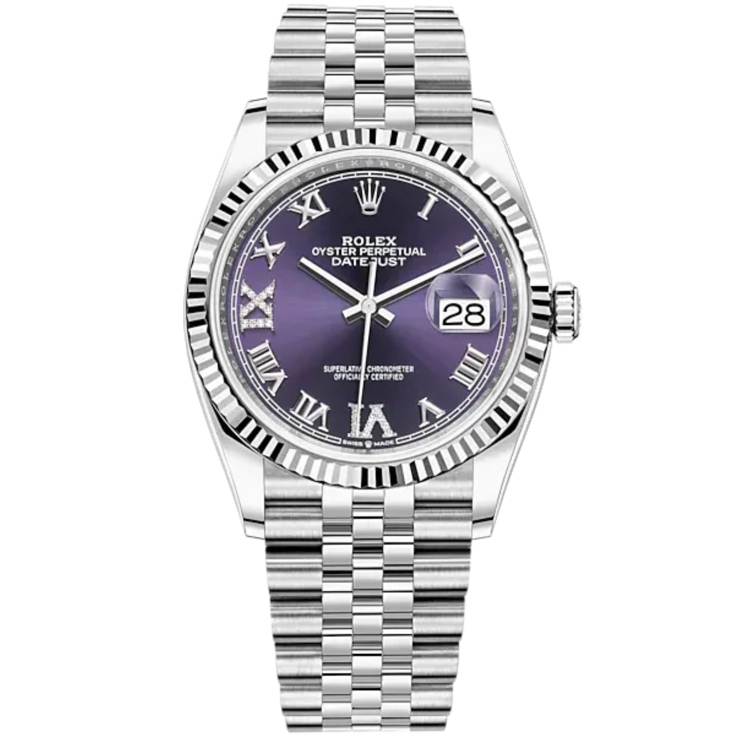 Rolex Datejust Ref. 126234 36mm Jubilee Bracelet and White Gold with Aubergine Roman Dial Fluted Bezel