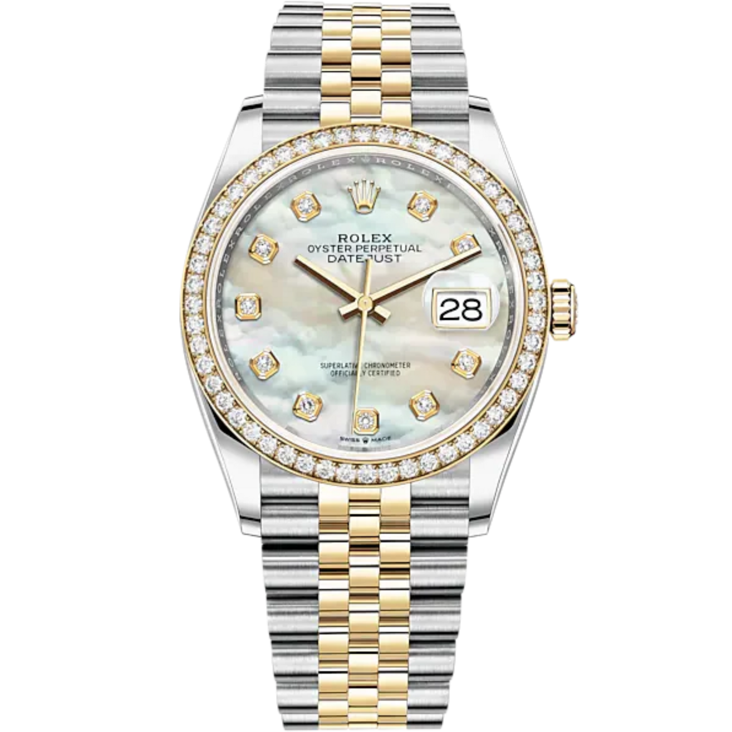 Datejust 36 36mm Oystersteel Jubilee Bracelet and Yellow Gold with White Mother-of-Pearl Diamond-Set Dial Diamond-Set Bezel