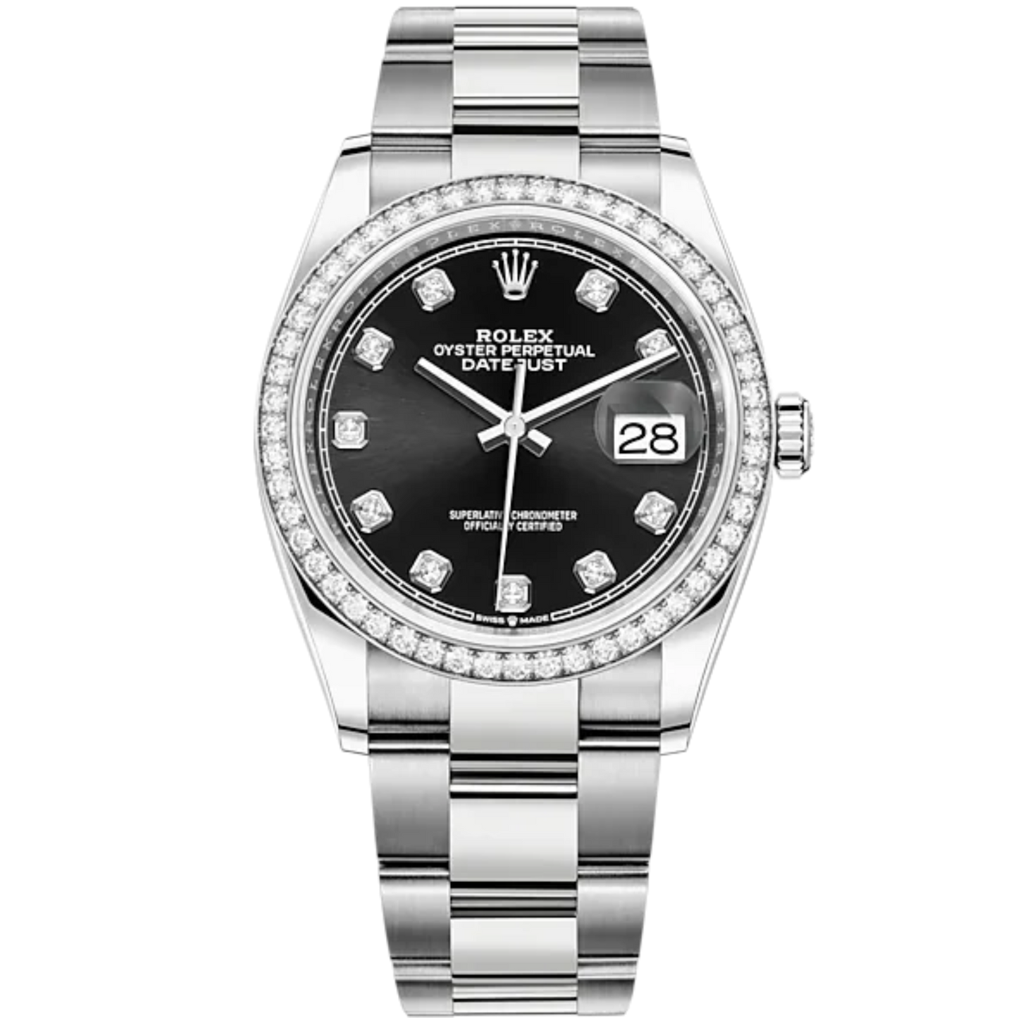 Datejust 36 36mm Oyster Bracelet Oystersteel and White Gold with Bright Black Diamond-Set Dial Diamond-Set Bezel
