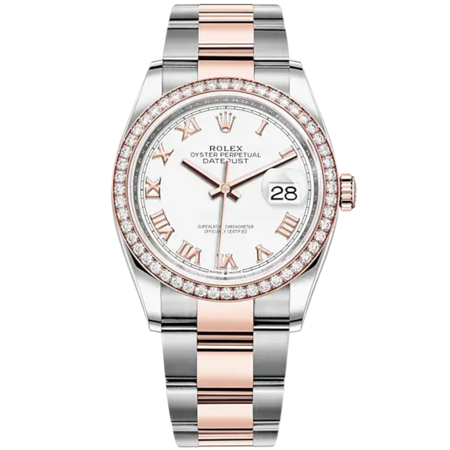 Datejust 36 36mm Oyster Bracelet Oystersteel and Everose Gold with White Roman Dial Diamond-Set Bezel