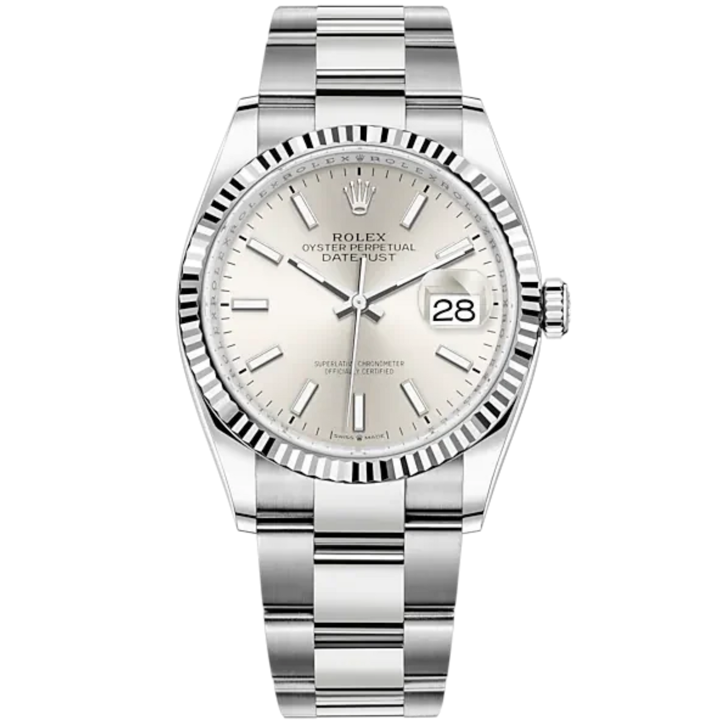 Rolex Datejust Ref. 126234 36mm Oyster Bracelet and White Gold with Silver Stick Dial Fluted Bezel
