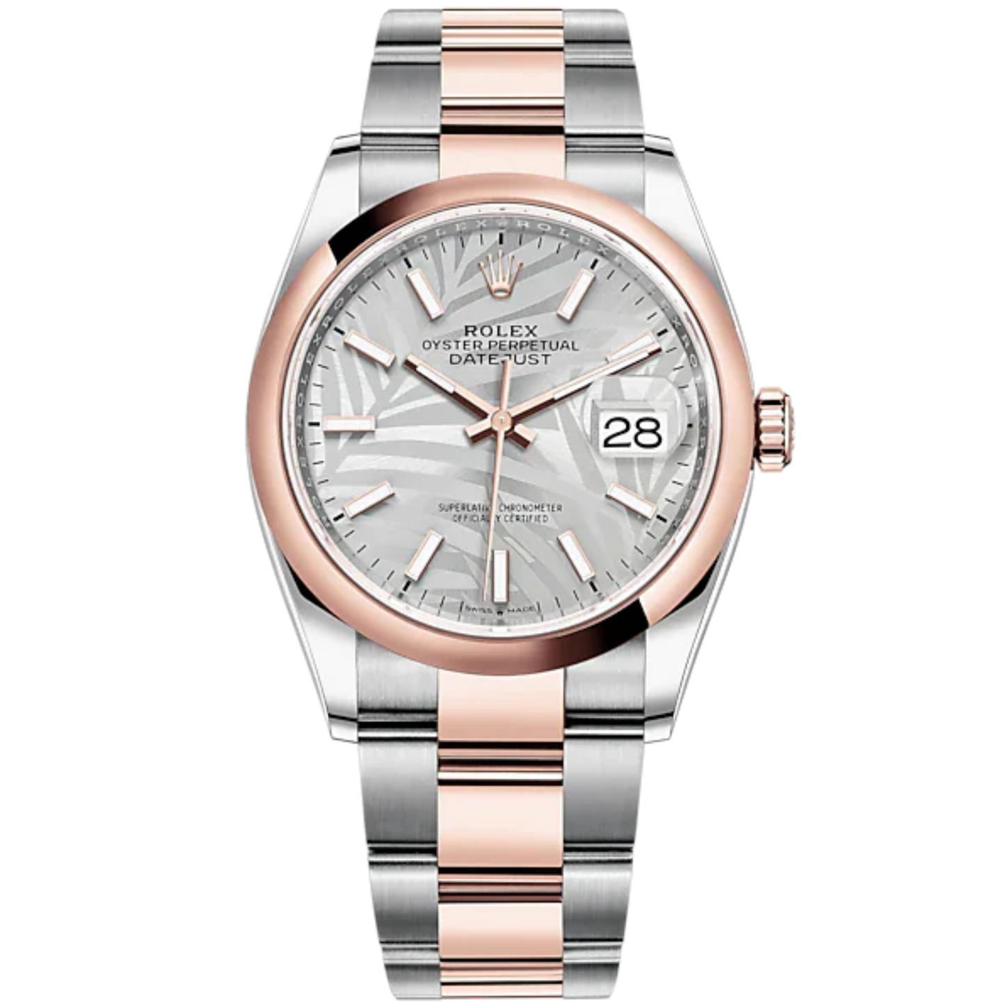Datejust 36 36mm Oyster Bracelet Oystersteel and Everose Gold with Silver Palm-Motif Dial Domed Bezel