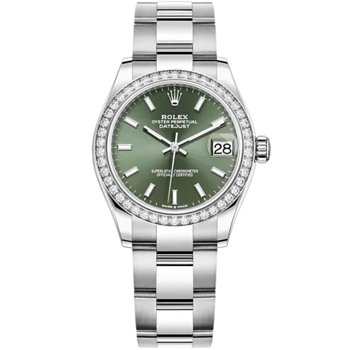 Datejust 31 31mm Oyster Bracelet Oystersteel and White Gold with Mint Green Dial Diamond-Set Bezel