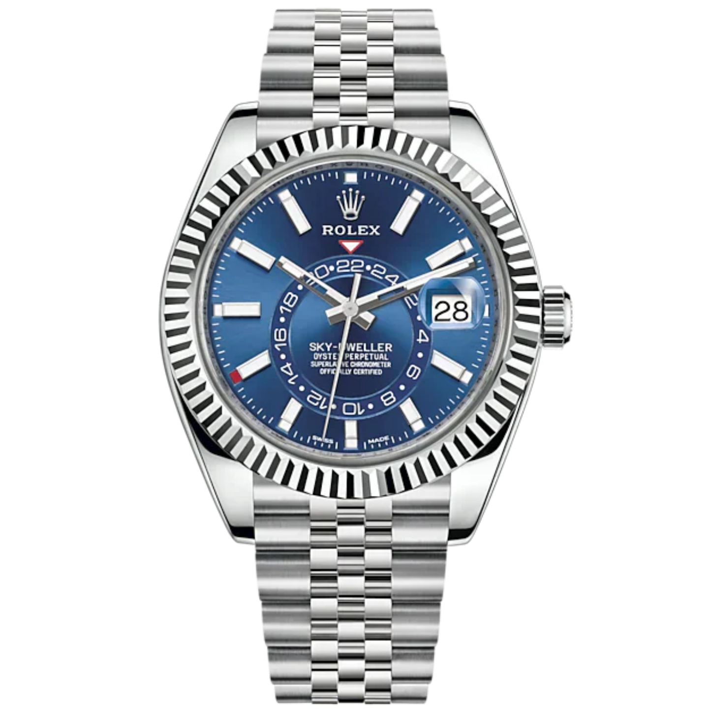 Sky-Dweller 42mm Jubilee Bracelet Oystersteel and White Gold with Bright Blue Dial Fluted Bezel
