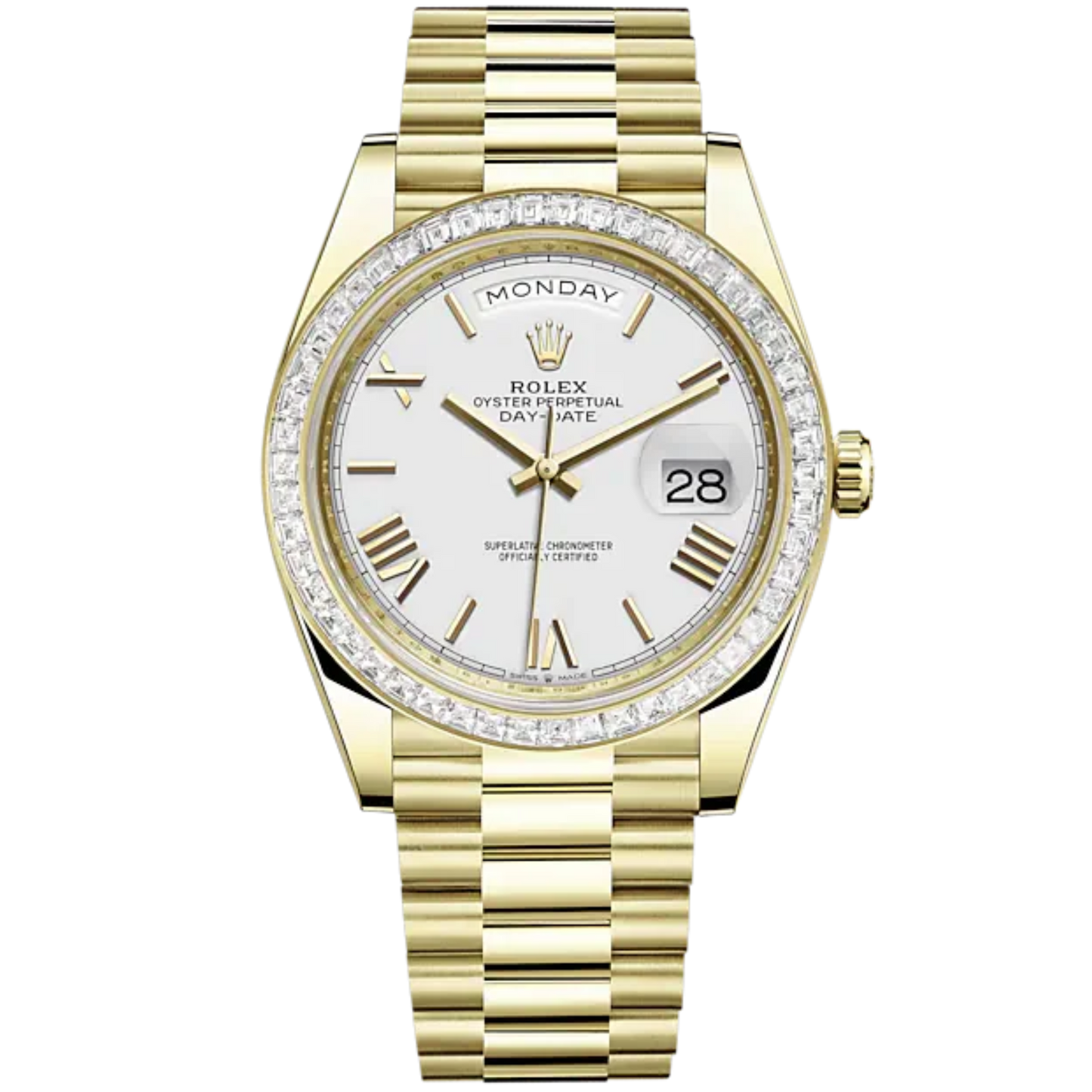 Day-Date 40 40mm President Bracelet and 18 KT Yellow Gold with White Roman Dial and Diamond-Set Bezel