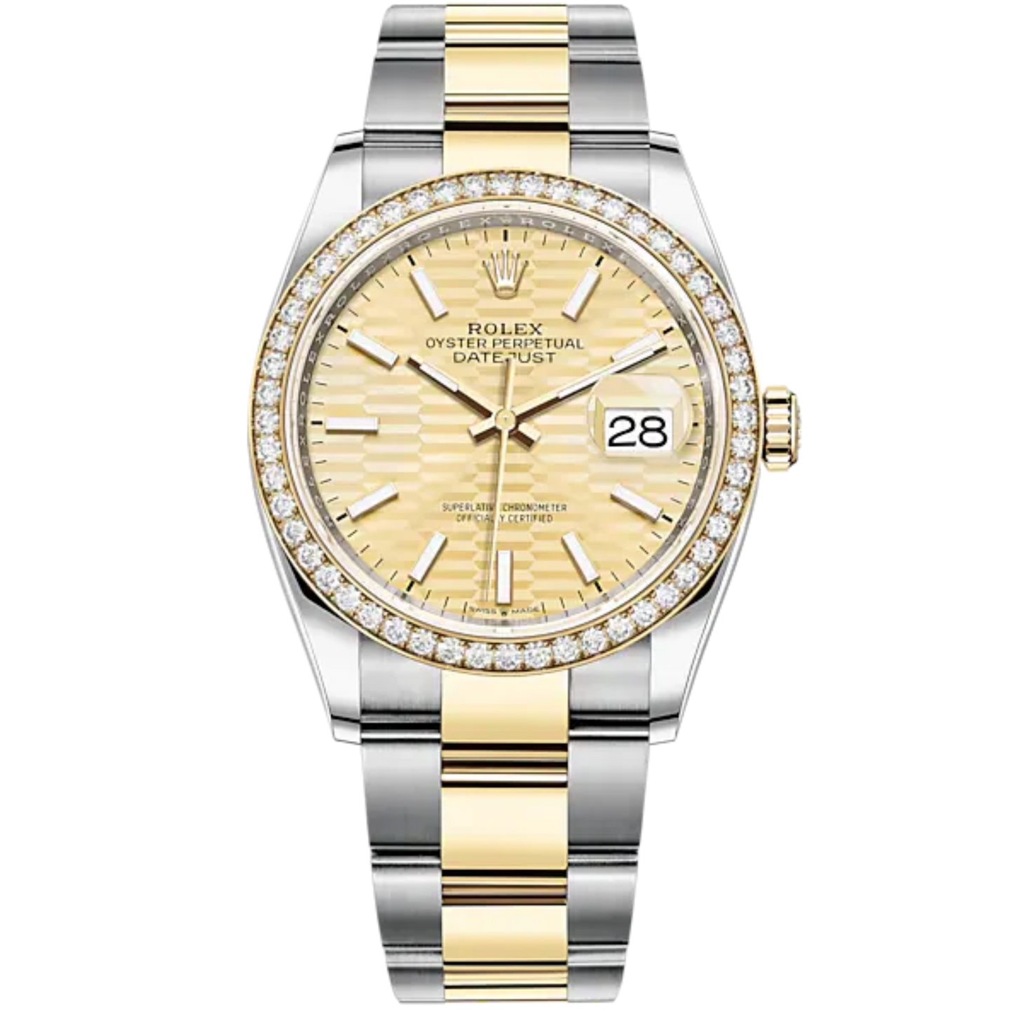 Datejust 36 36mm Oyster Bracelet Oystersteel and Yellow Gold with Golden Dial Fluted-Motif Dial Diamond-Set Bezel