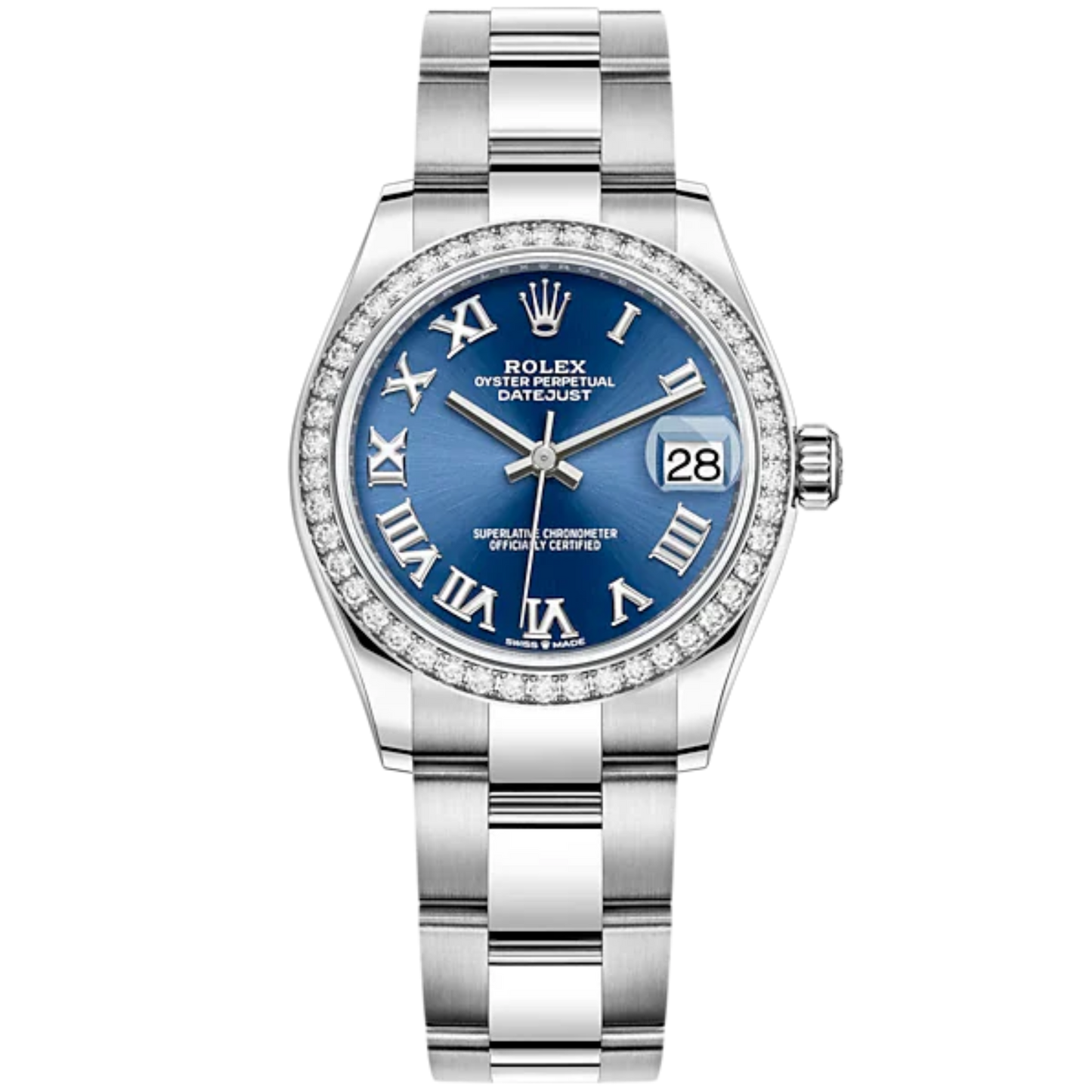 Datejust 31 31mm Oyster Bracelet Oystersteel and White Gold with Bright Blue Dial Diamond-Set Bezel