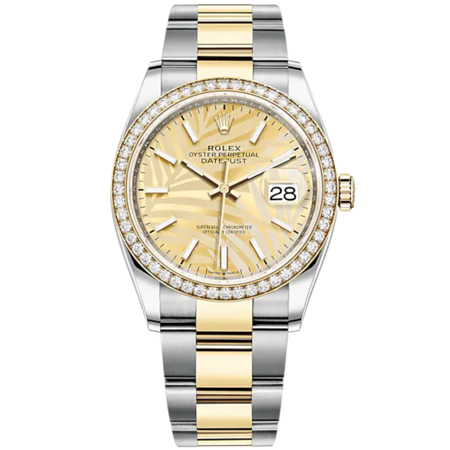 Datejust 36 36mm Oyster Bracelet Oystersteel and Yellow Gold with Golden Palm-Motif Dial Diamond-Set Bezel