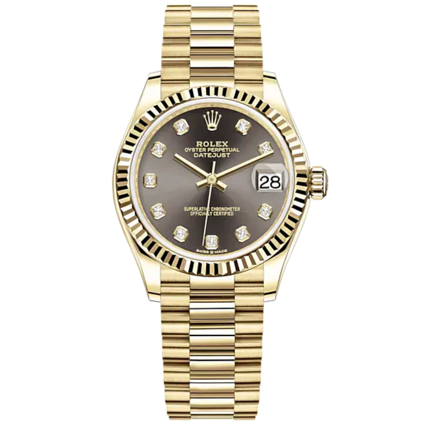 Datejust 31 31mm President Bracelet and 18 CT Yellow Gold with Dark Grey Diamond-Set Dial Fluted Bezel