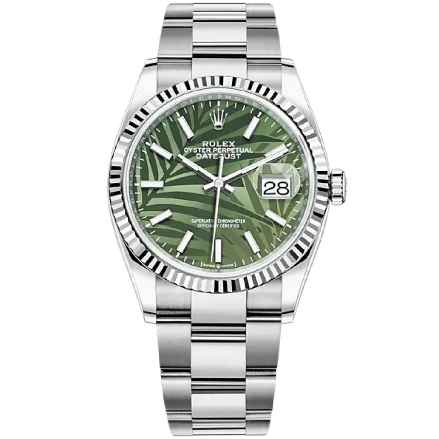 Rolex Datejust Ref. 126234 36mm Oyster Bracelet and White Gold with Olive-Green Palm-Motif Stick Dial Fluted Bezel