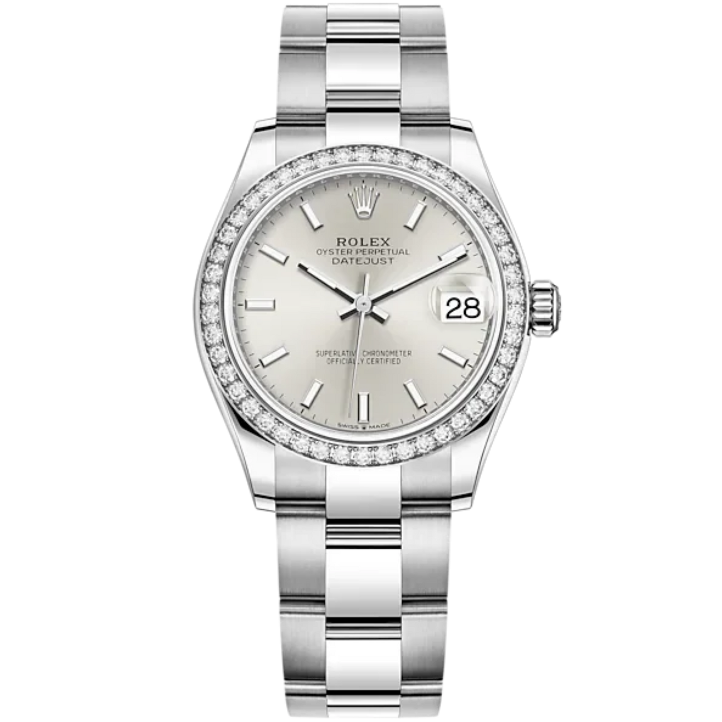 Datejust 31 31mm Oyster Bracelet Oystersteel and White Gold with Silver Dial Diamond-Set Bezel