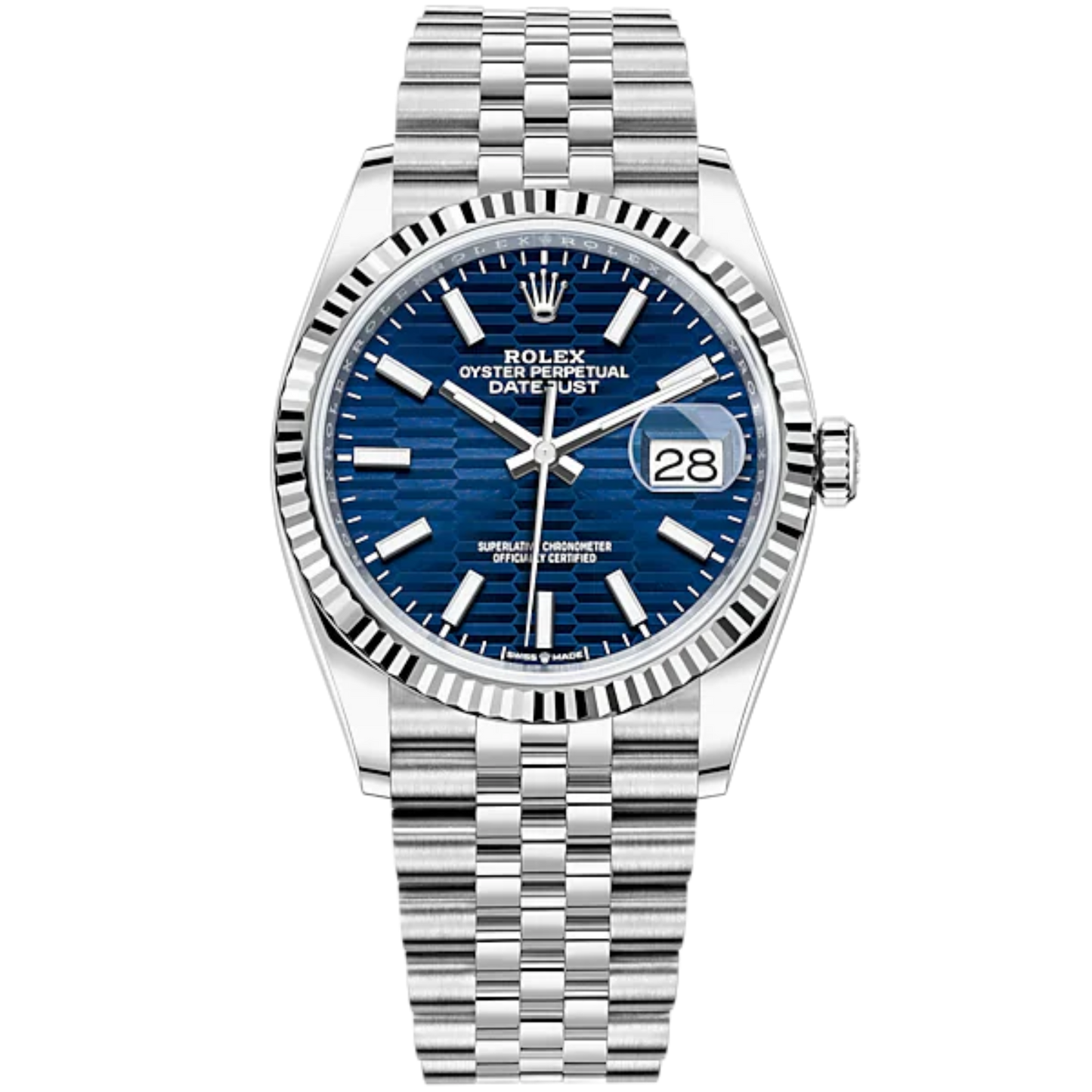 Rolex Datejust 36mm Oystersteel and White Gold on Jubilee Blue Fluted-Motif Stick Dial Fluted Bezel