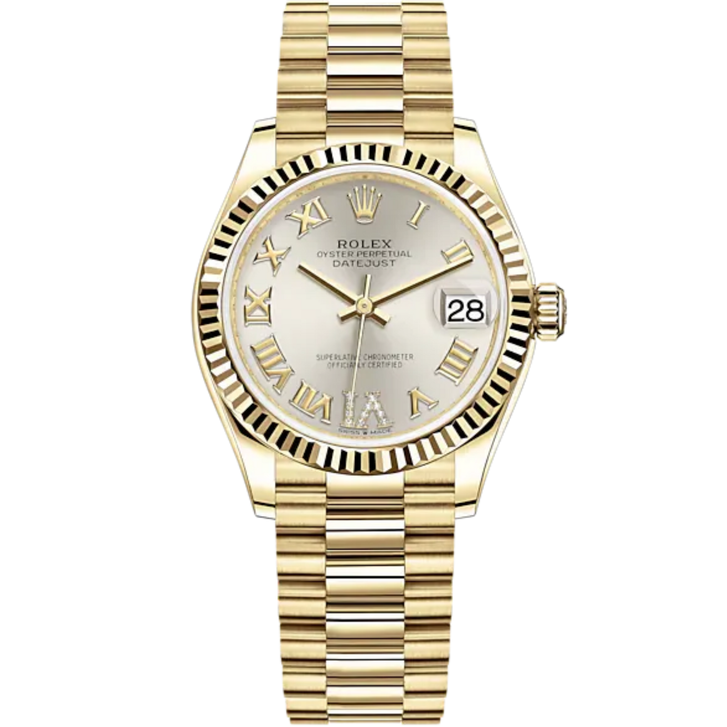Datejust 31 31mm President Bracelet and 18 CT Yellow Gold with Silver Diamond-Set Dial Fluted Bezel