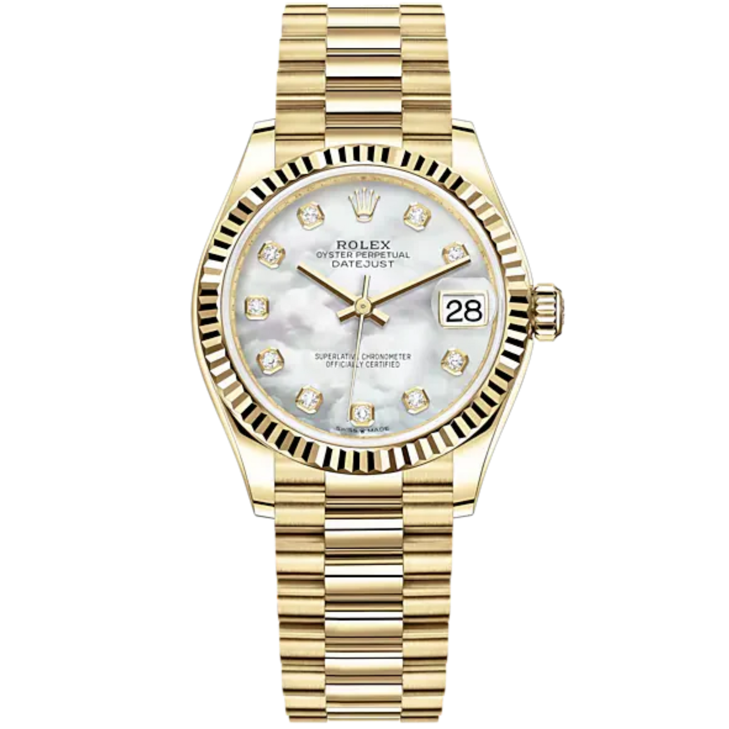 Datejust 31 31mm President Bracelet and 18 CT Yellow Gold with White Mother-Of-Pearl Diamond Set Dial Fluted Bezel