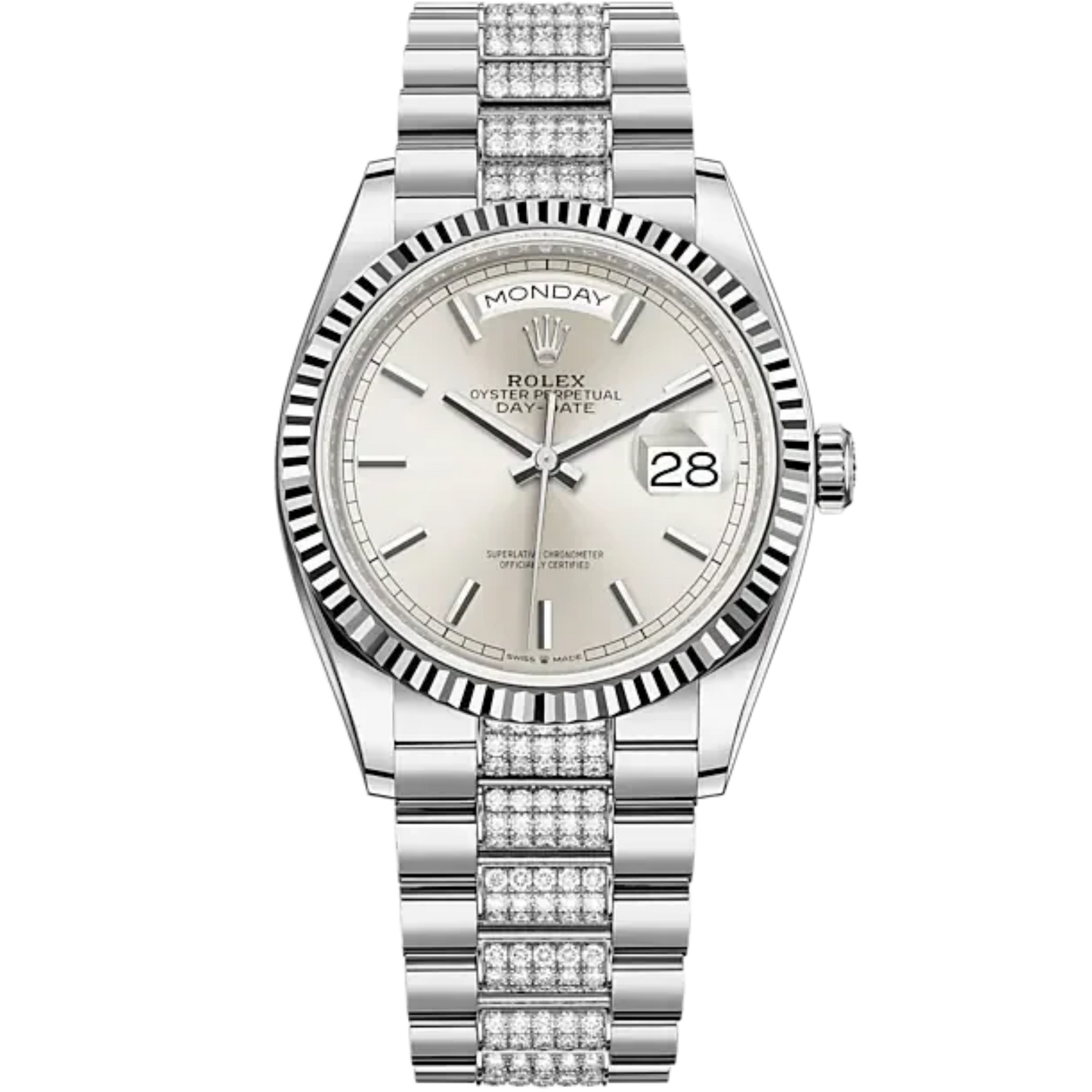 Day-Date 36 36mm President Bracelet and 18 KT White Gold with Silver Dial Fluted Bezel