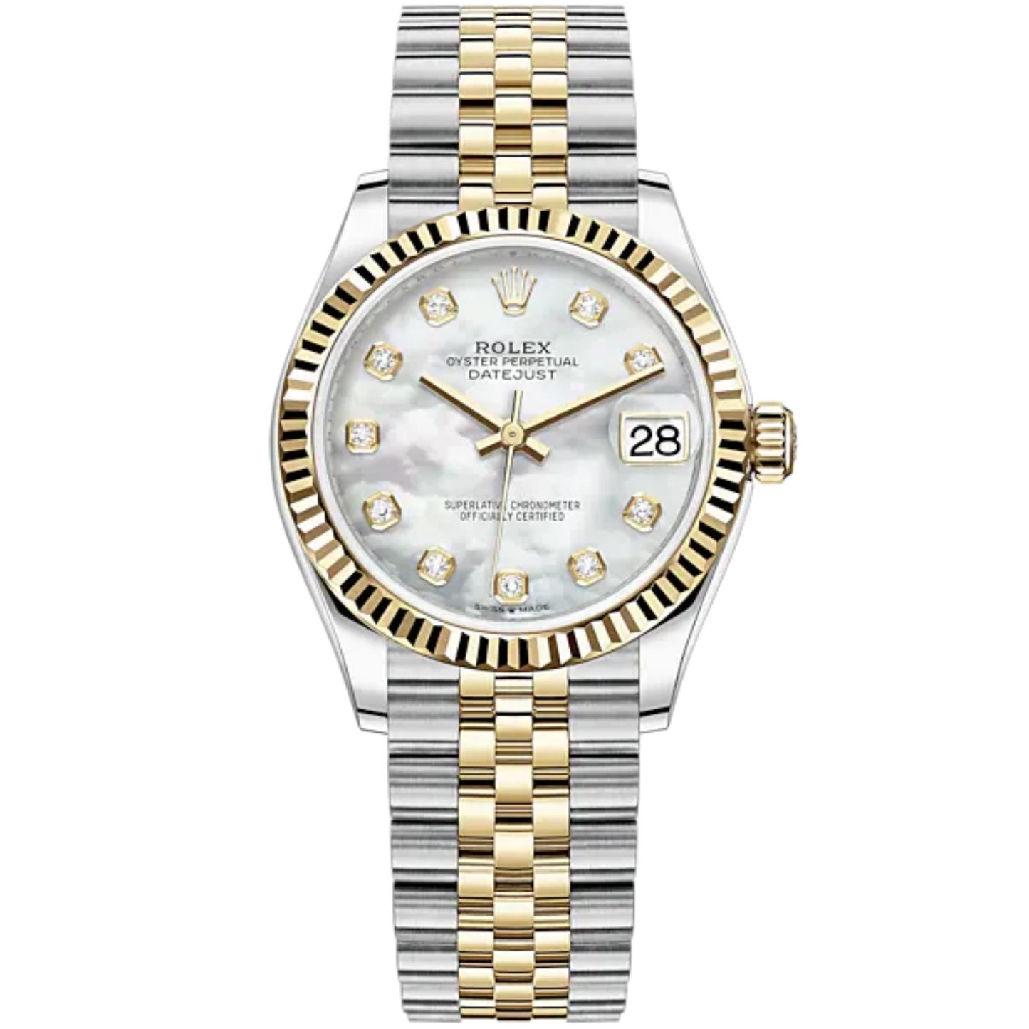 Datejust 31 31mm Jubilee Bracelet Oystersteel and Yellow Gold with White Mother-Of-Pearl Diamond-Set Fluted Bezel