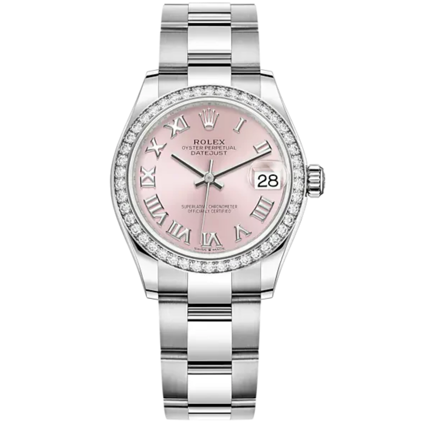 Datejust 31 31mm Oyster Bracelet Oystersteel and White Gold with Pink Roman Dial Diamond-Set Bezel