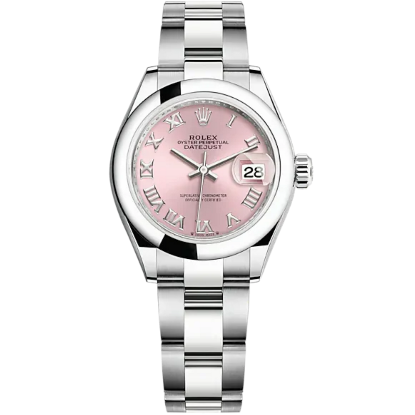 Lady-DateJust 28mm Oyster Oystersteel Bracelet and Pink Dial Domed Bezel