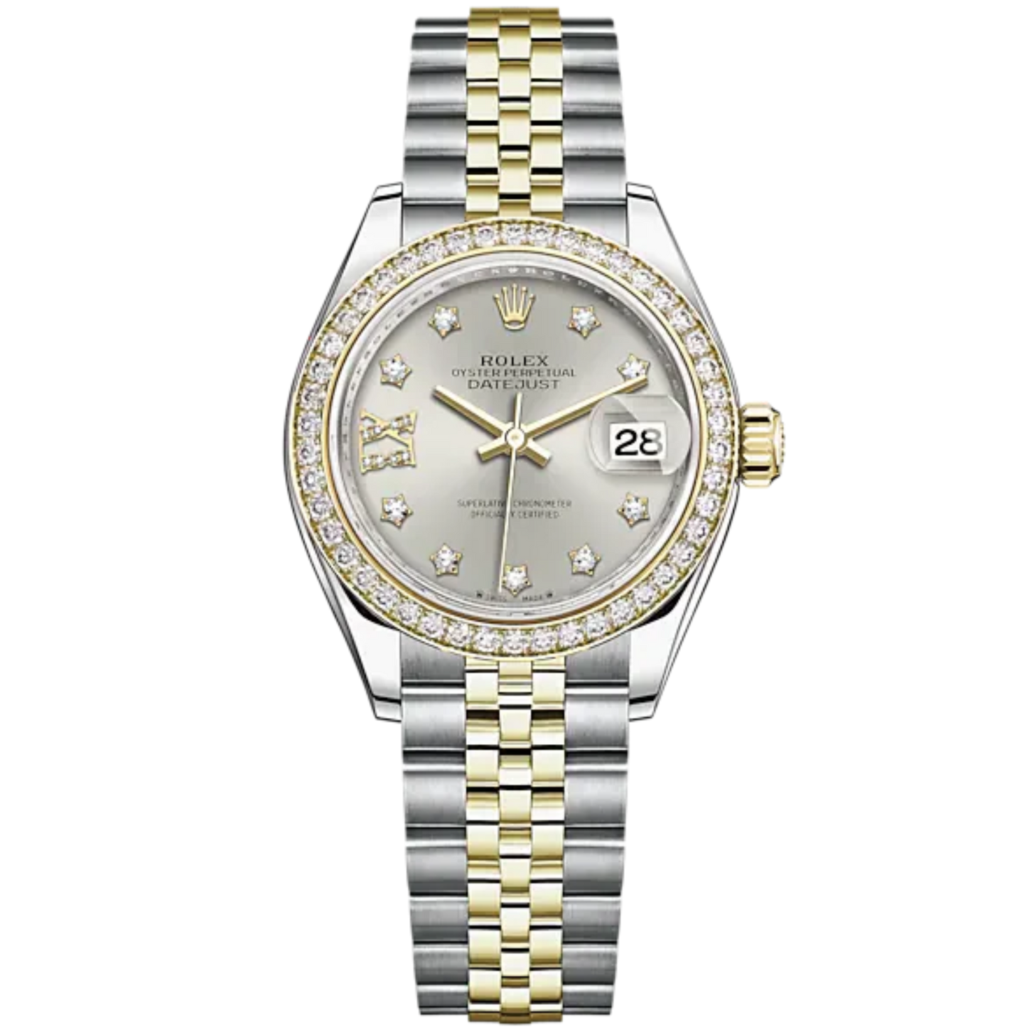 Lady-DateJust 28mm Oystersteel Jubilee Bracelet and Yellow Gold with Silver Dial Diamond-Set Dial Diamond-Set Bezel