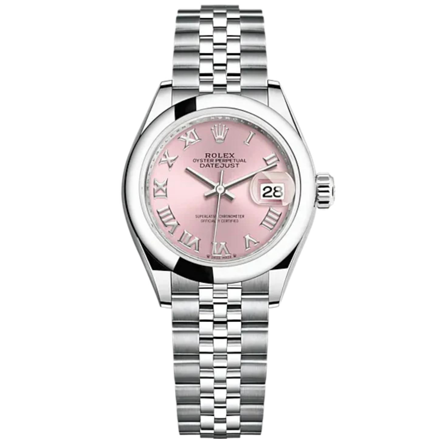 Lady-DateJust 28mm Oystersteel Jubilee Bracelet and Pink Dial Domed Bezel