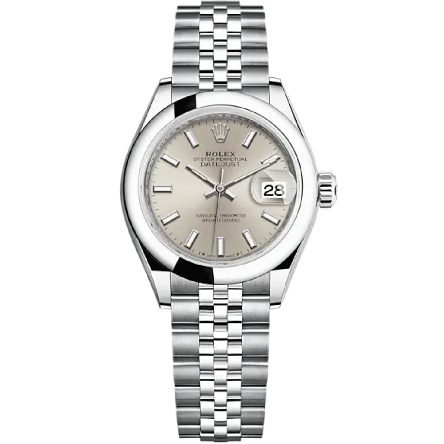 Lady-DateJust 28mm Oystersteel Jubilee Bracelet and Silver Dial Domed Bezel
