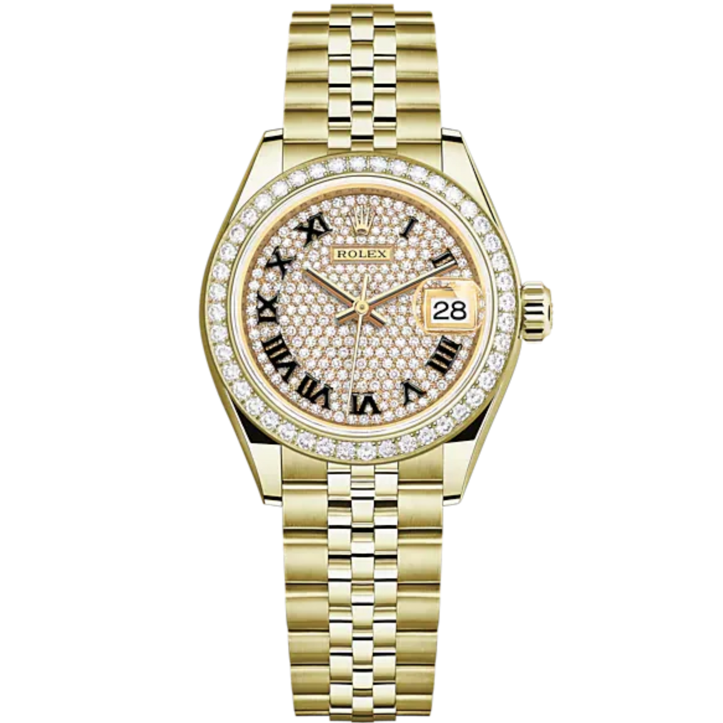 Lady-DateJust 28mm Jubilee Bracelet and 18 KT Yellow Gold with Diamond-Paved Dial Diamond-Set Bezel