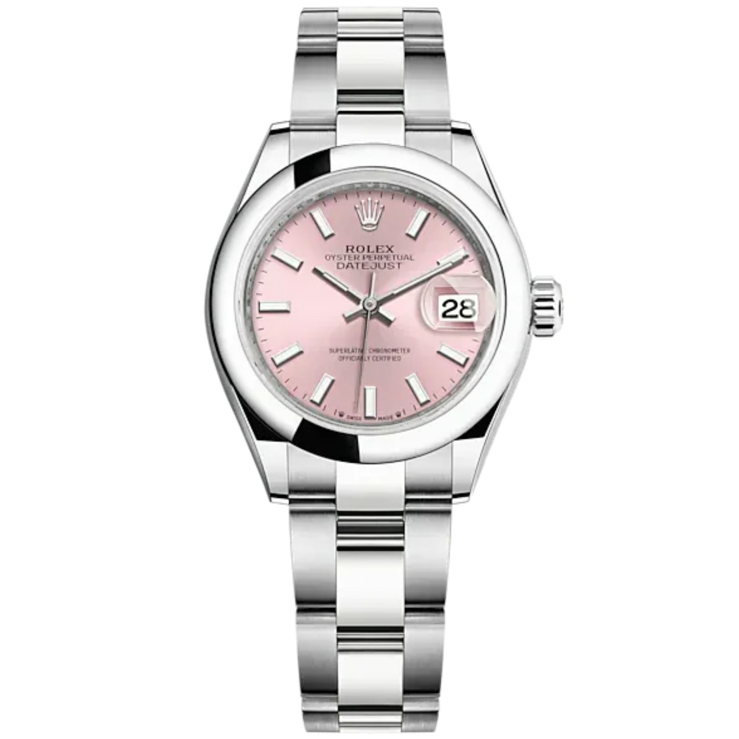Lady-DateJust 28mm Oyster Oystersteel Bracelet and Pink Dial Domed Bezel