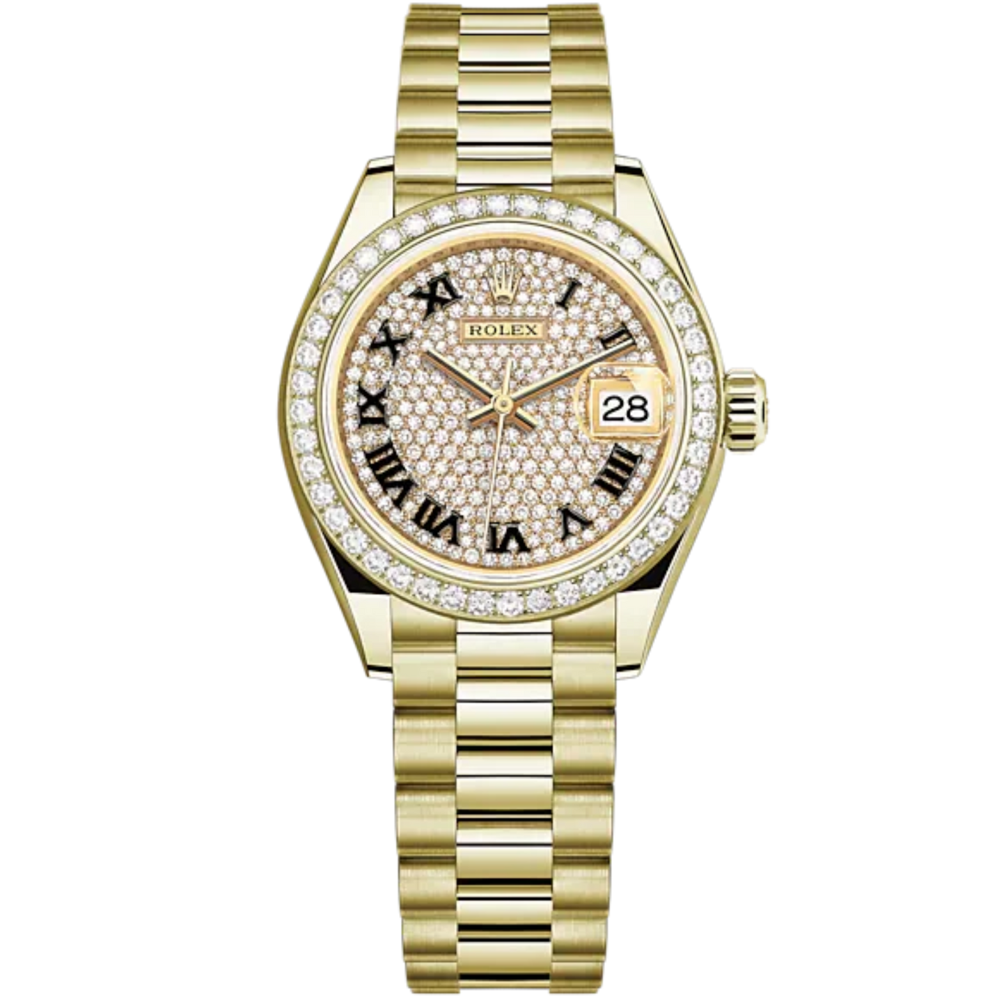 Lady-DateJust 28mm President Bracelet and 18 KT Yellow Gold with Diamond-Paved Dial Diamond-Set Bezel