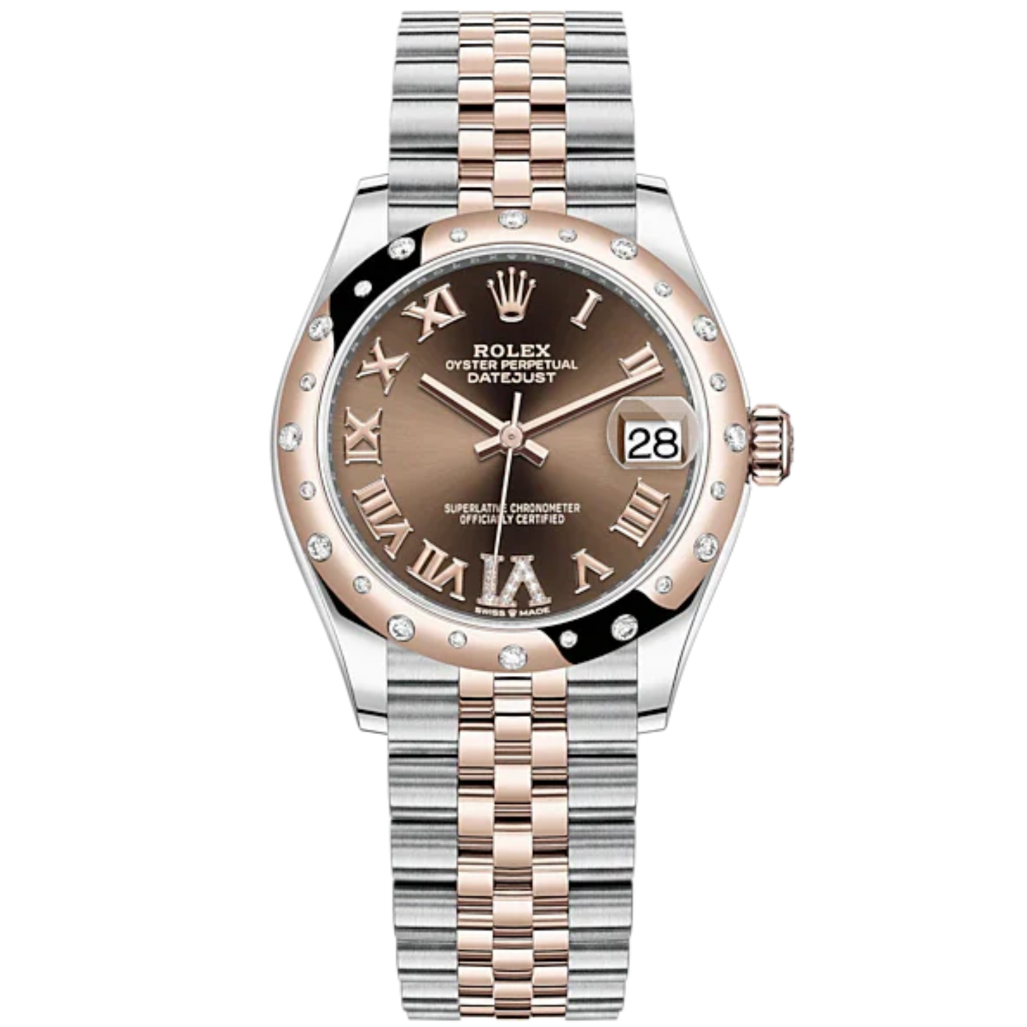 Datejust 31 31mm Jubilee Bracelet Oystersteel and Everose Gold with Chocolate Diamond Smooth Roman Dial Diamond-Set Bezel
