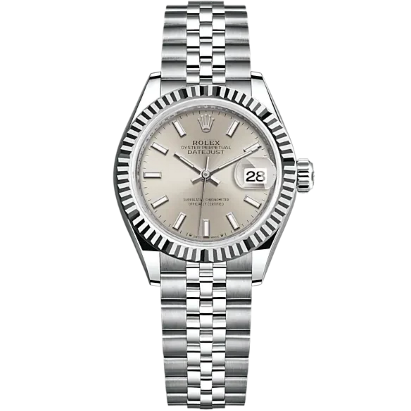 Lady-DateJust 28mm Oystersteel Jubilee Bracelet and White Gold with Silver Dial Fluted Bezel