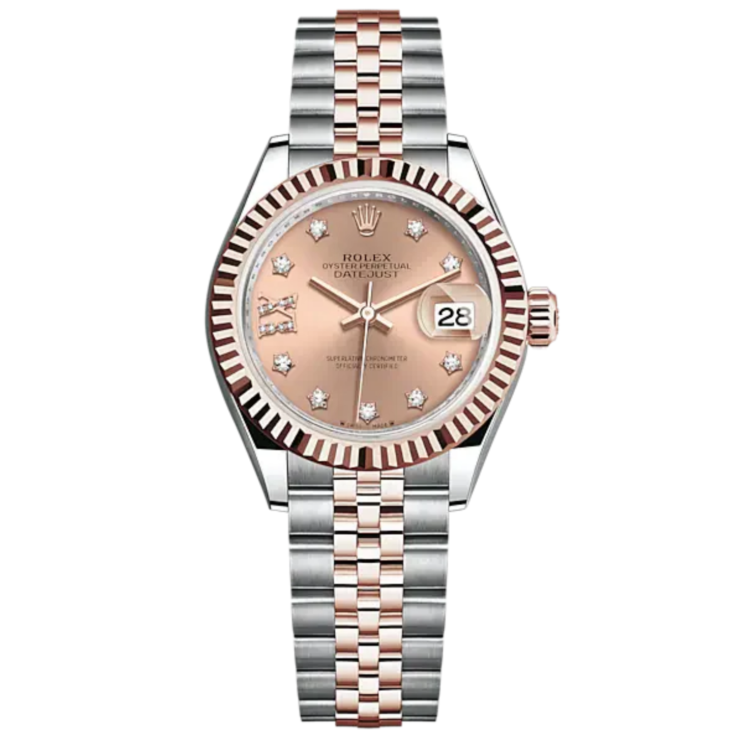 Lady-DateJust 28mm Oystersteel Jubilee Bracelet and Everose Gold with Rosé-Colour Dial Diamond-Set Dial Fluted Bezel