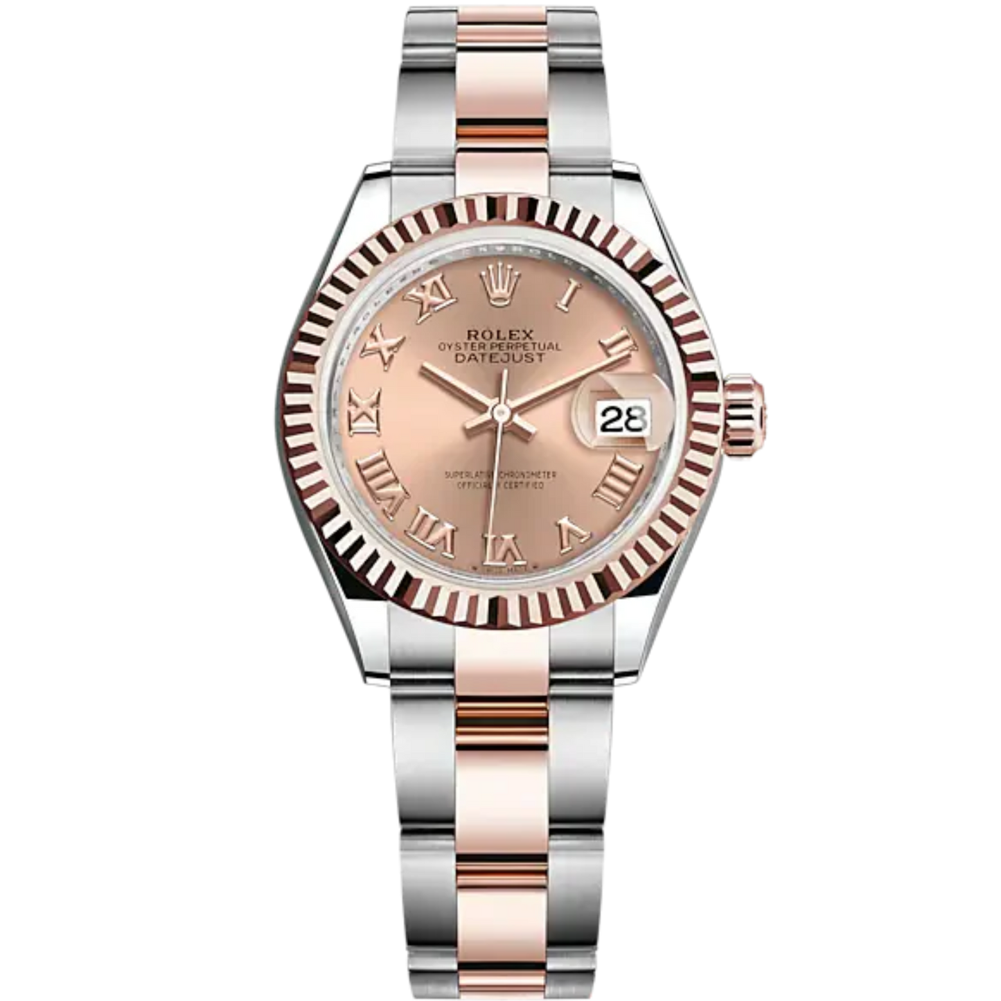 Lady-DateJust 28mm Oyster Oystersteel Bracelet and Everose Gold with Rosé-Colour Roman Dial Fluted Bezel