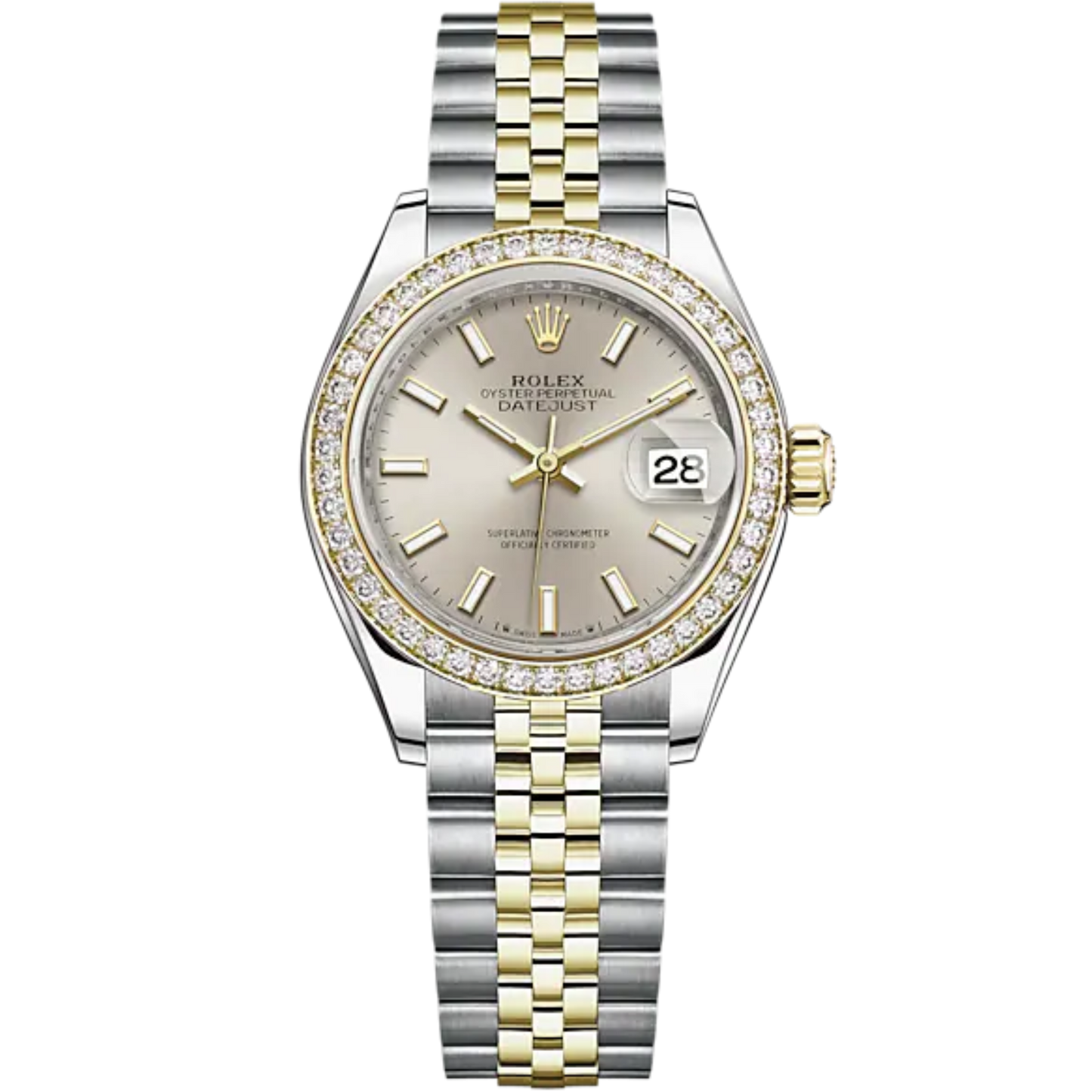 Lady-DateJust 28mm Oystersteel Jubilee Bracelet and Yellow Gold with Silver Dial Diamond-Set Bezel
