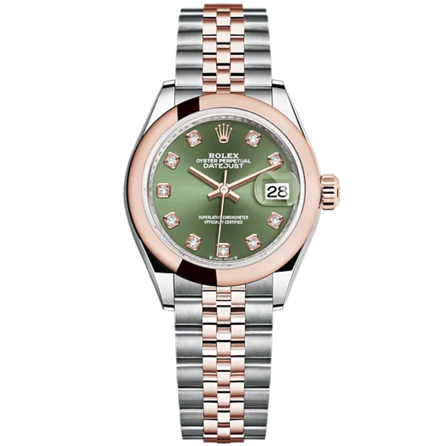 Lady-DateJust 28mm Oystersteel Jubilee Bracelet and Everose Gold with Olive-Green Dial Diamond-Set Dial Domed Bezel