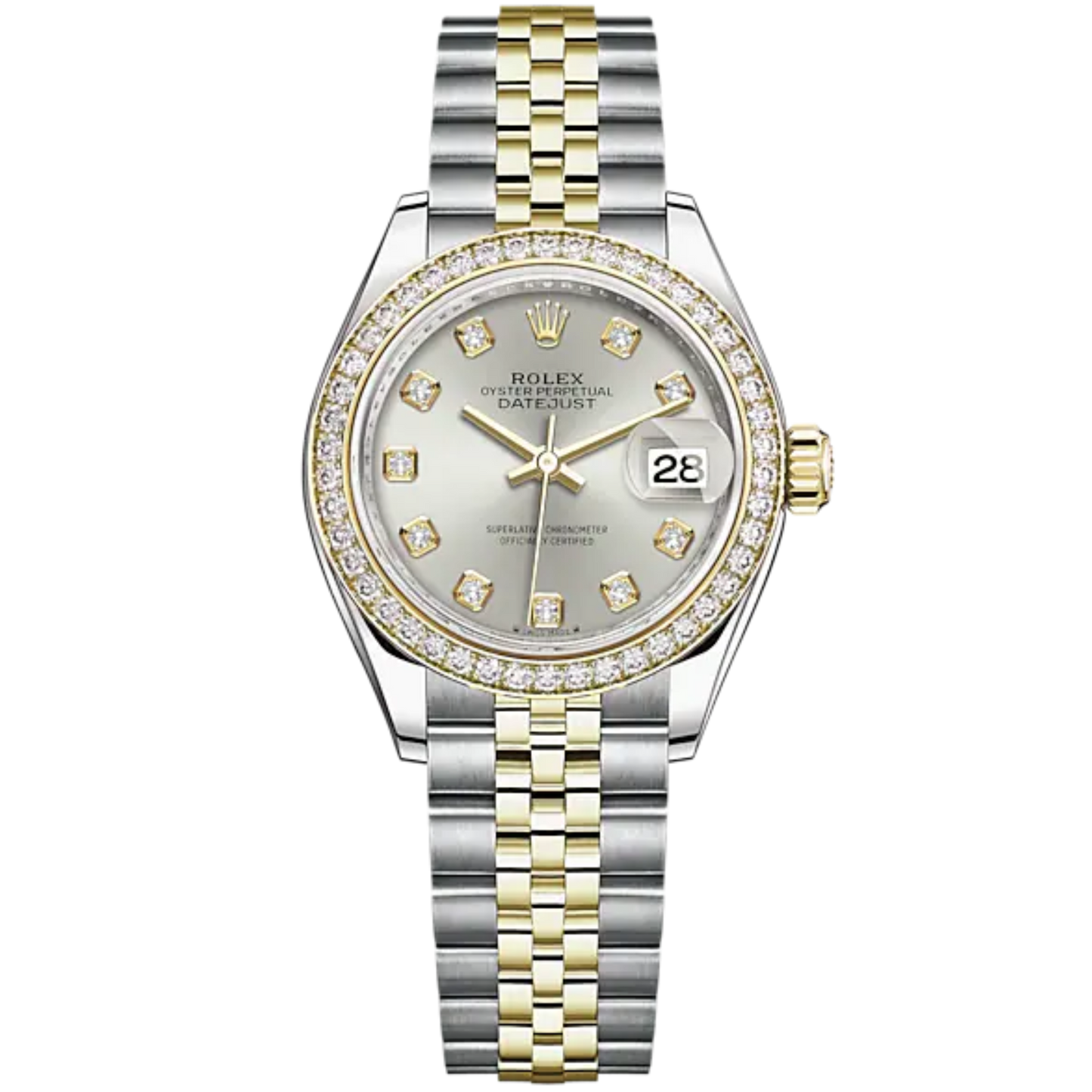 Lady-DateJust 28mm Oystersteel Jubilee Bracelet and Yellow Gold with Silver Dial Diamond-Set Dial Diamond-Set Bezel