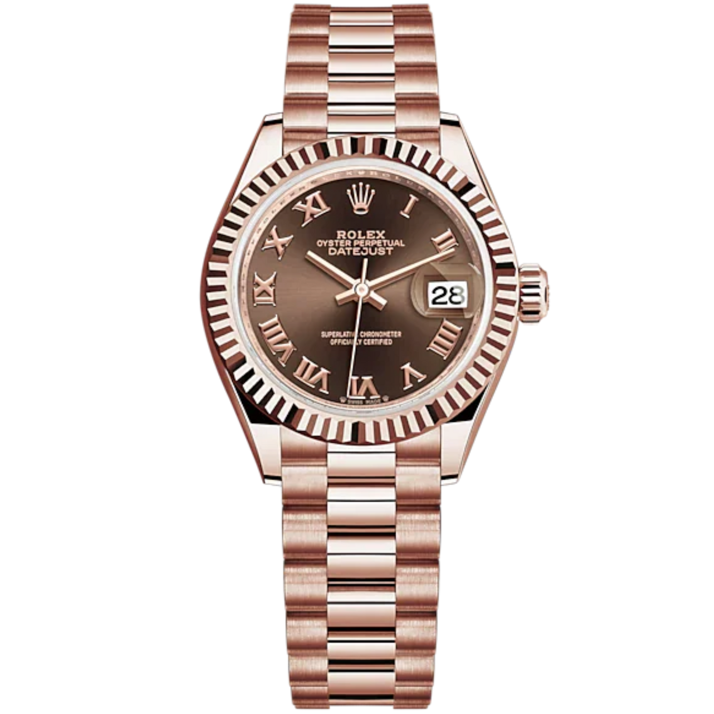 Lady-DateJust 28mm President Bracelet and 18 KT Everose Gold with Chocolate Roman Dial Fluted Bezel