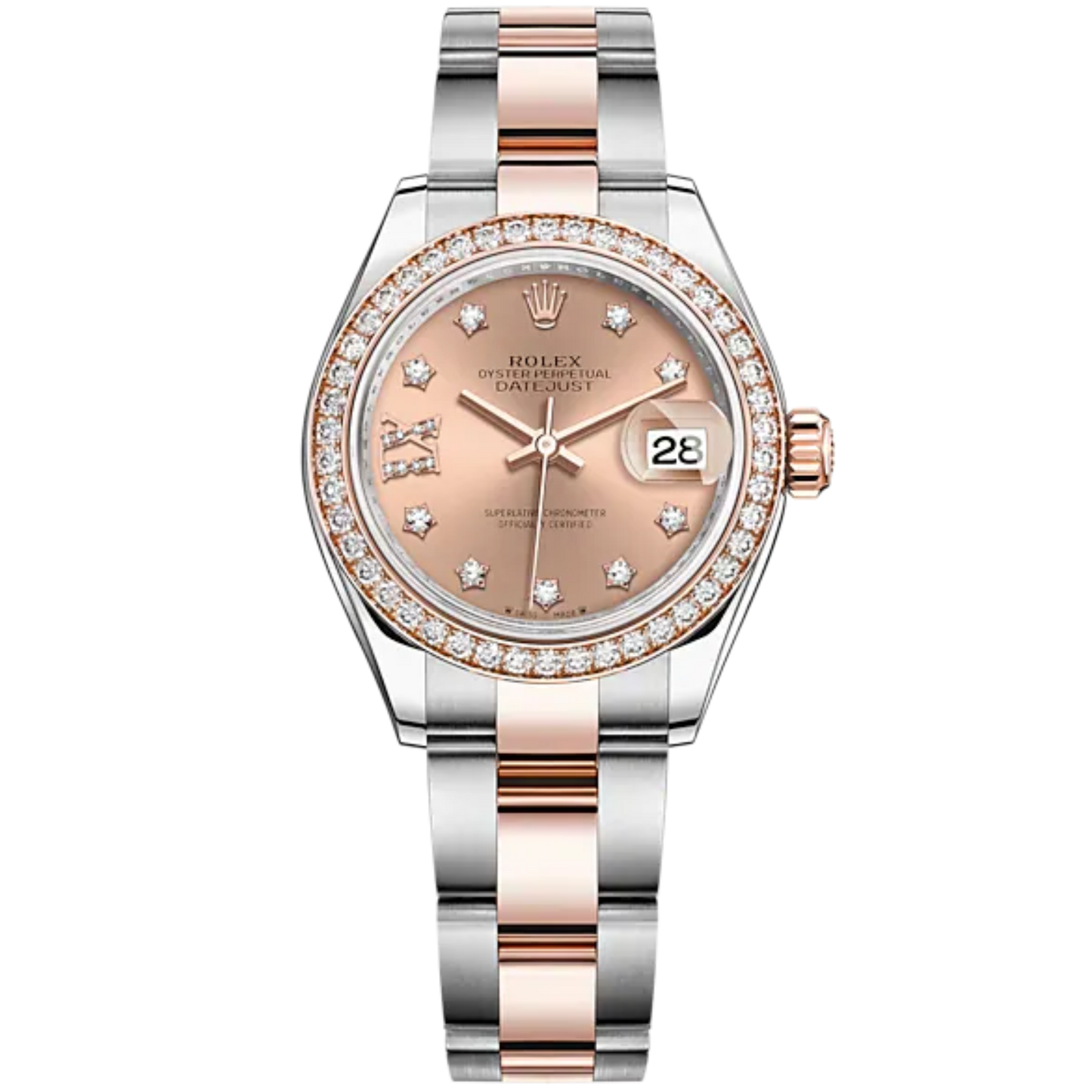 Lady-DateJust 28mm Oyster Oystersteel Bracelet and Everose Gold with Rosé-Colour Dial Diamond-Set Dial Diamond-Set Bezel