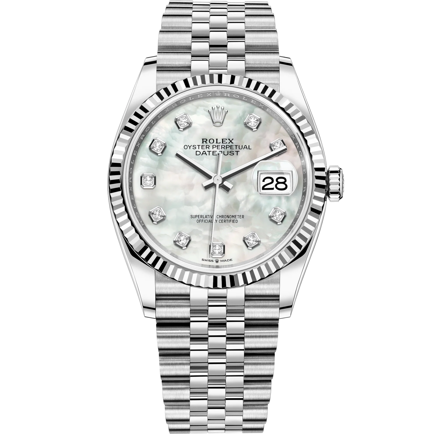 Rolex Datejust 36mm Jubilee Bracelet White Gold with Mother-of-Pearl Diamond-Set Dial Fluted Bezel