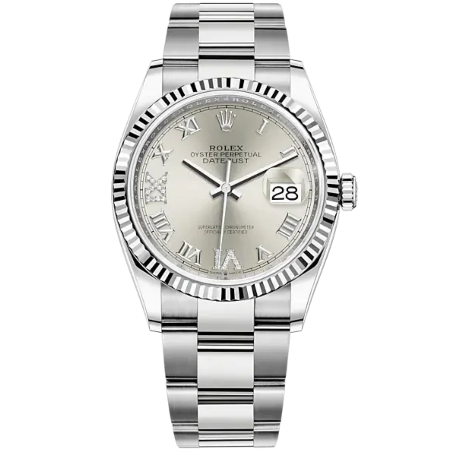 Rolex Datejust Ref. 126234 36mm Oyster Bracelet and White Gold with Silver Roman Dial Fluted Bezel