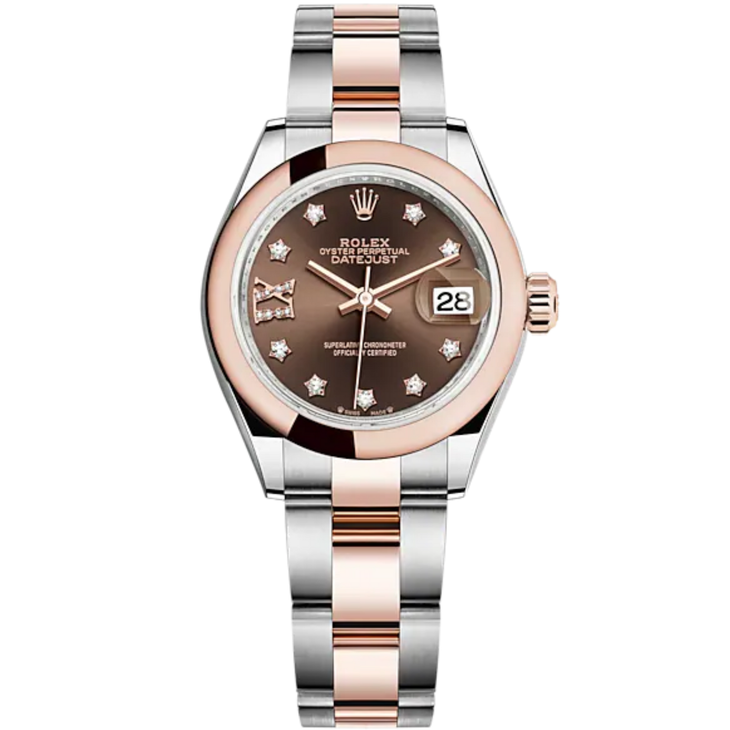 Lady-DateJust 28mm Oyster Oystersteel Bracelet and Everose Gold with Chocolate Dial Diamond-Set Dial Domed Bezel