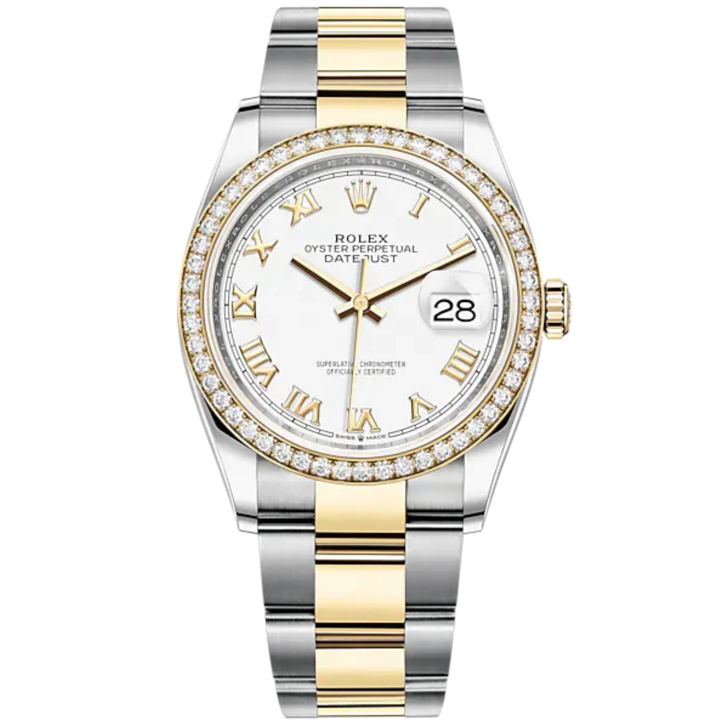 Datejust 36 36mm Oyster Bracelet Oystersteel and Yellow Gold with White Roman Dial Diamond-Set Bezel