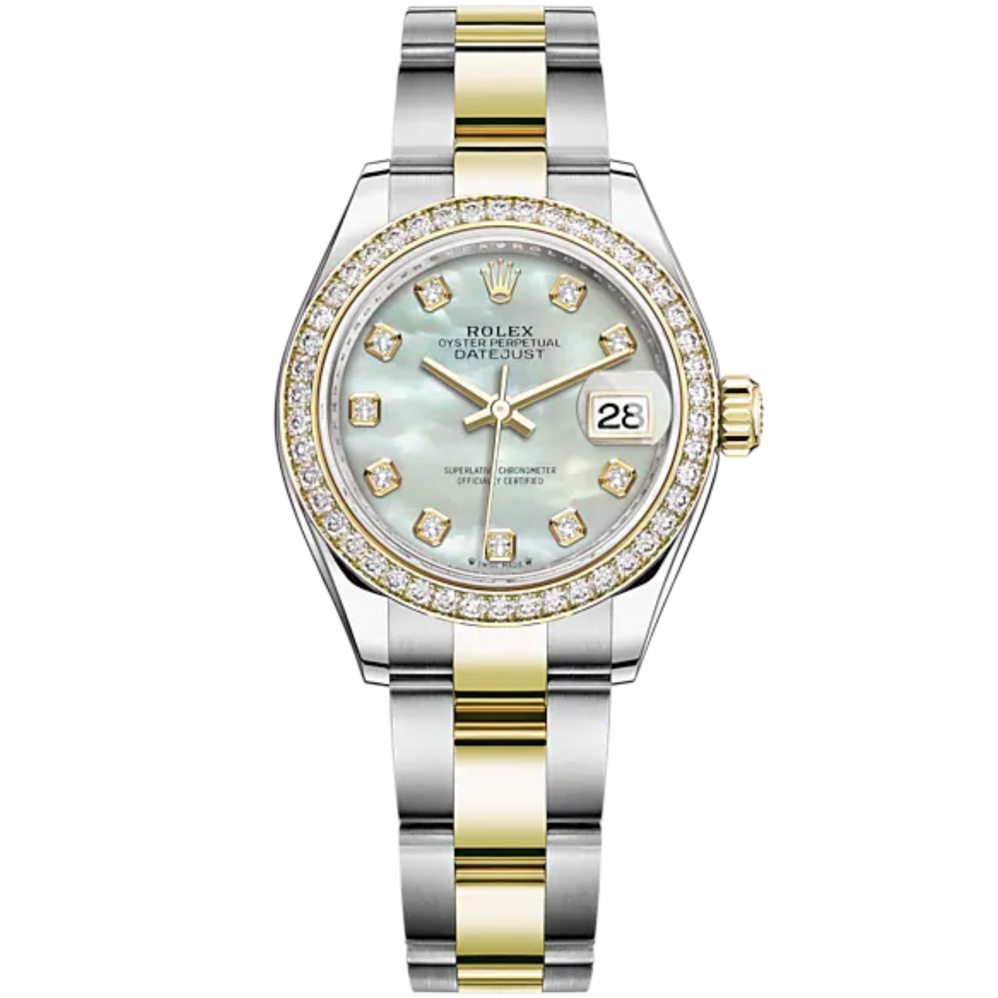 Lady-DateJust 28mm Oyster Oystersteel Bracelet and Yellow Gold with White Mother-of-Pearl Diamond-Set Dial Diamond-Set Bezel