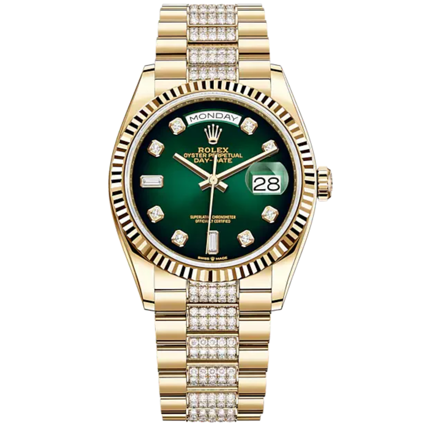 Day-Date 36 36mm Diamond-Set President Bracelet and 18 KT Yellow Gold with Green Ombré Diamond-Set Dial Fluted Bezel