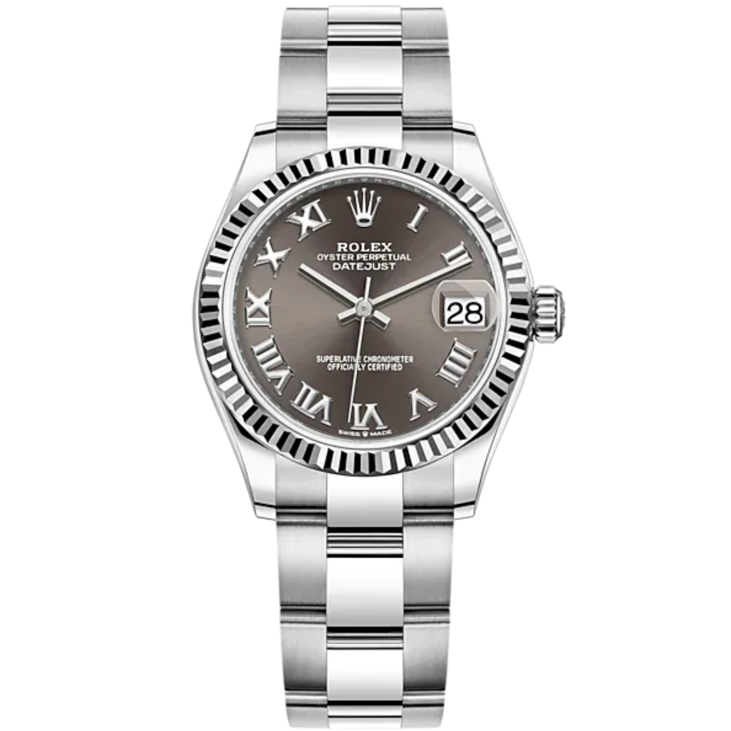 Datejust 31 31mm Oyster Bracelet Oystersteel and White Gold with Dark Grey Diamon Dial Fluted Bezel