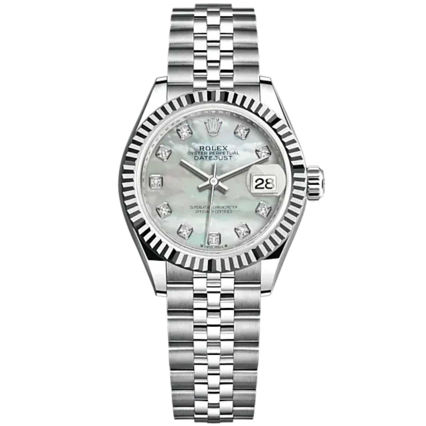 Lady-DateJust 28mm Oystersteel Jubilee Bracelet and White Gold with White Mother-of-Pearl Dial Diamond-Set Dial Fluted Bezel