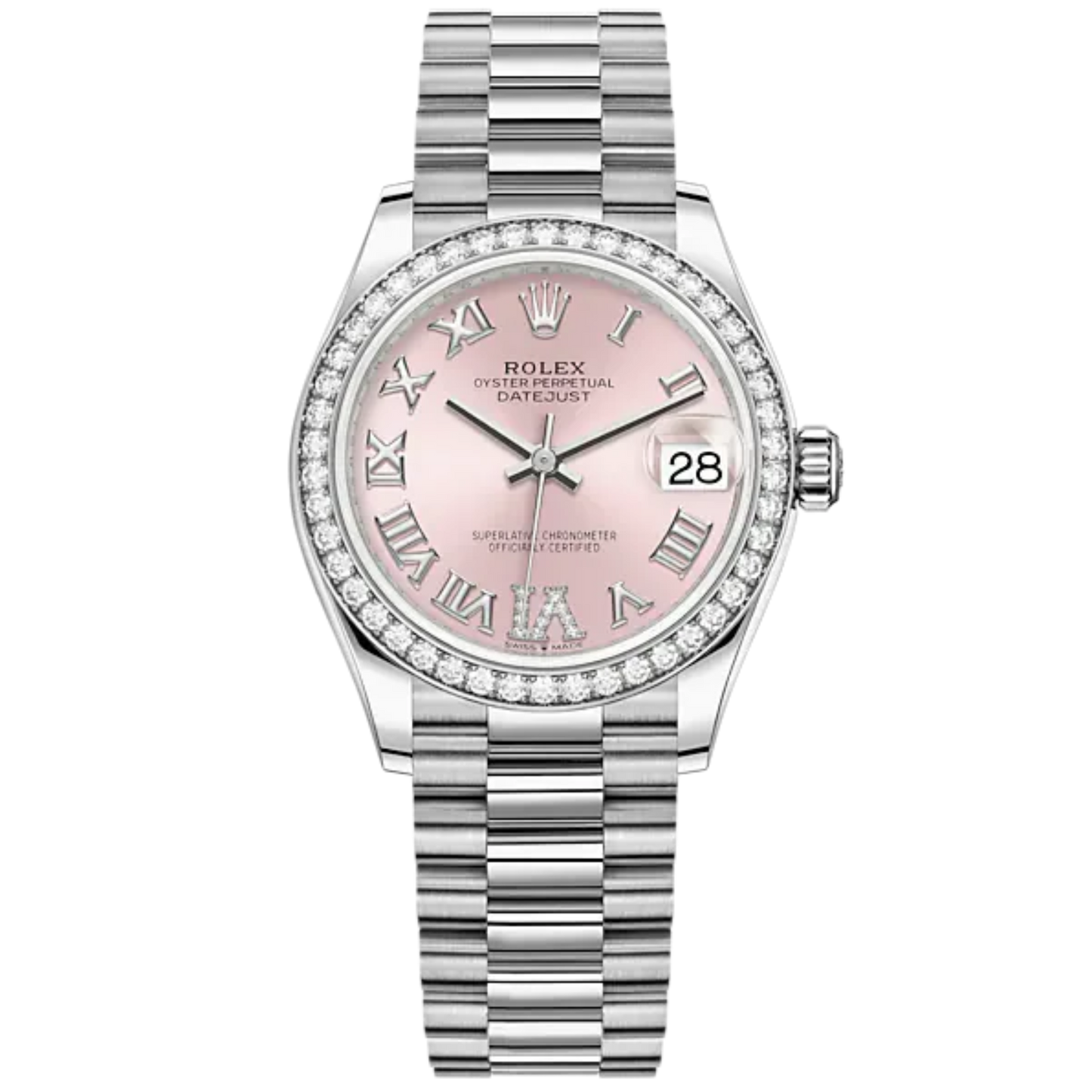 Datejust 31 31mm President Bracelet Oystersteel and White Gold with Pink Roman Dial Diamond-Set Bezel